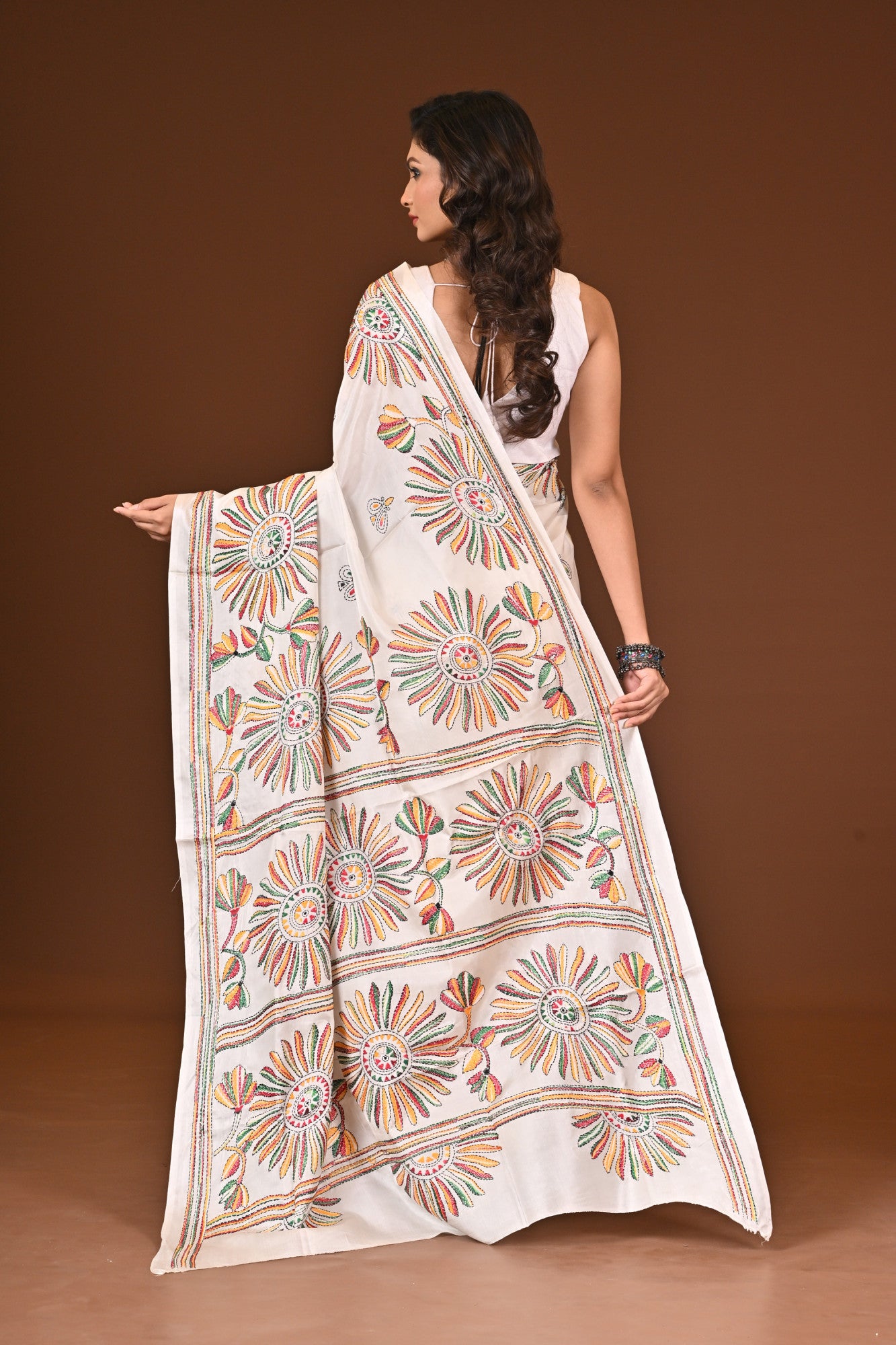 Blended Silk Kantha Stitch Saree White Thumbnail