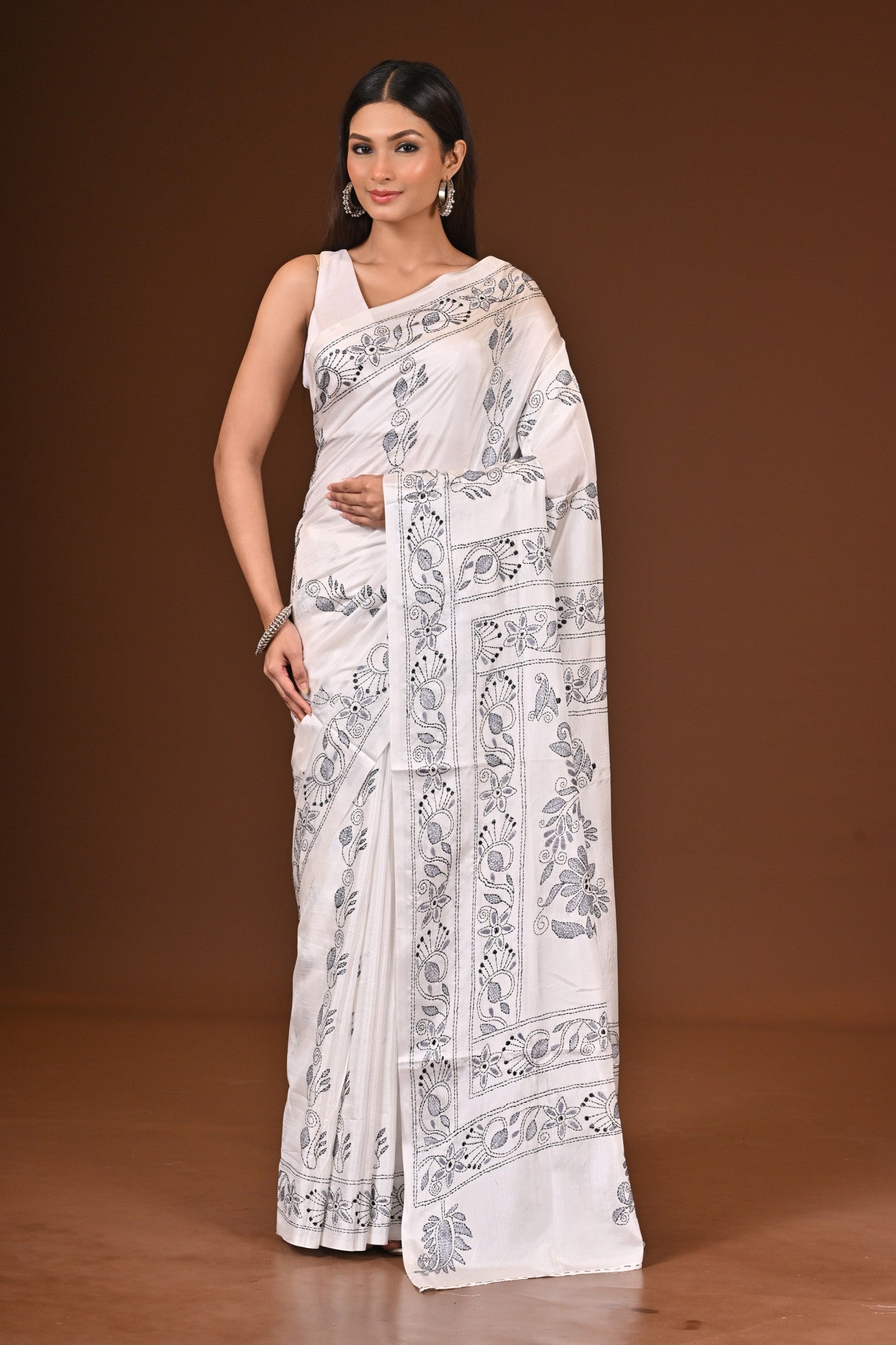 Blended Silk Kantha Stitch Saree White