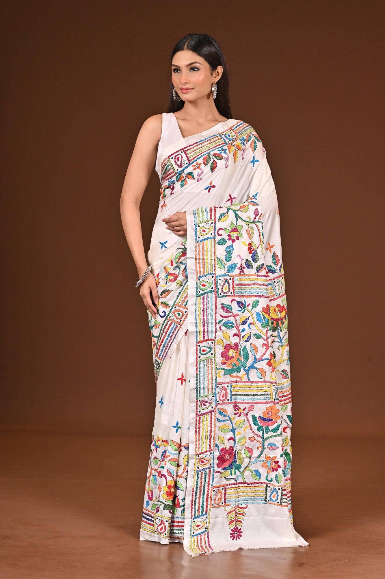 Blended Silk Kantha Stitch Saree White Thumbnail