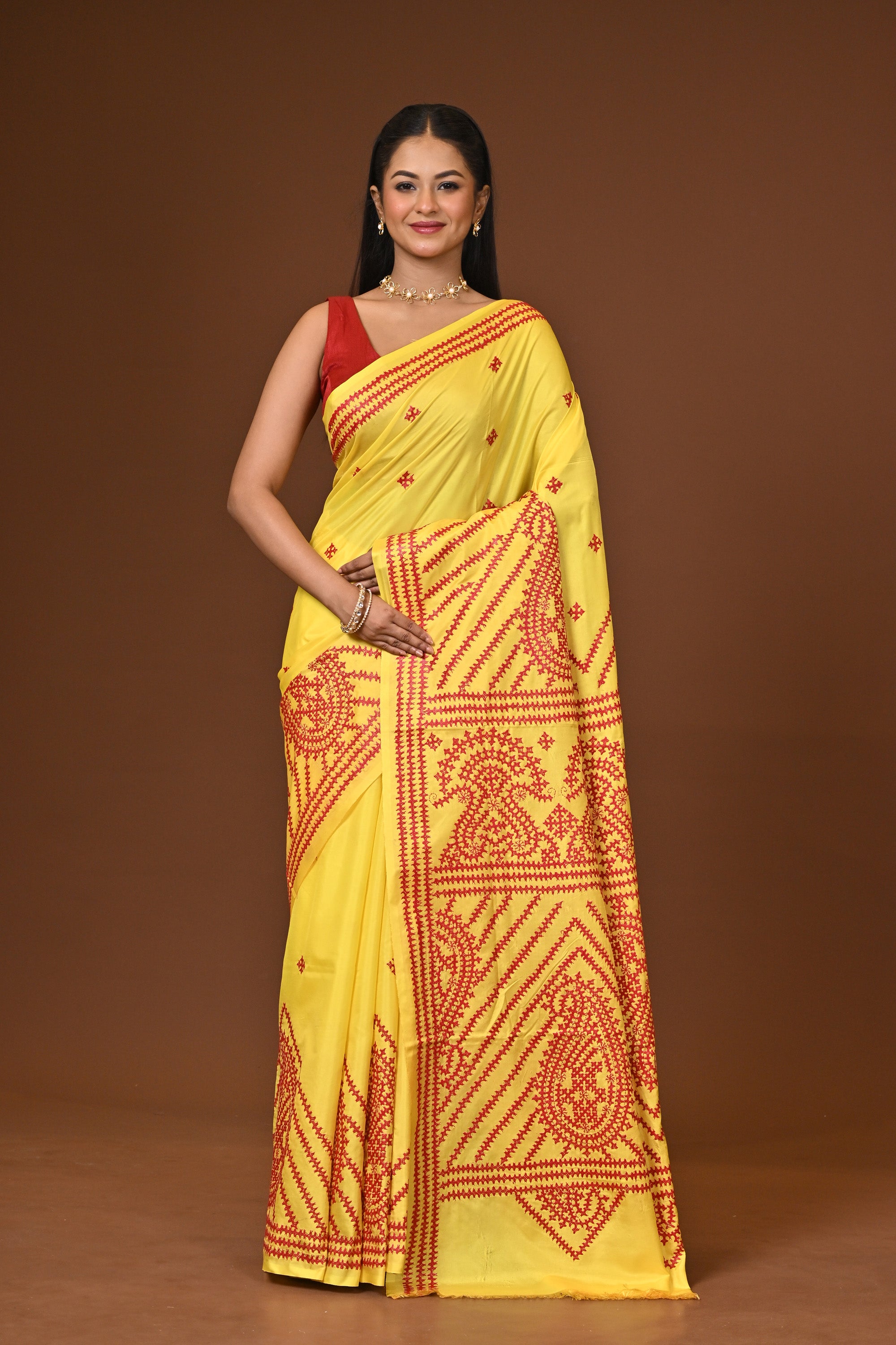 Blended Silk Kantha Stitch Saree Yellow