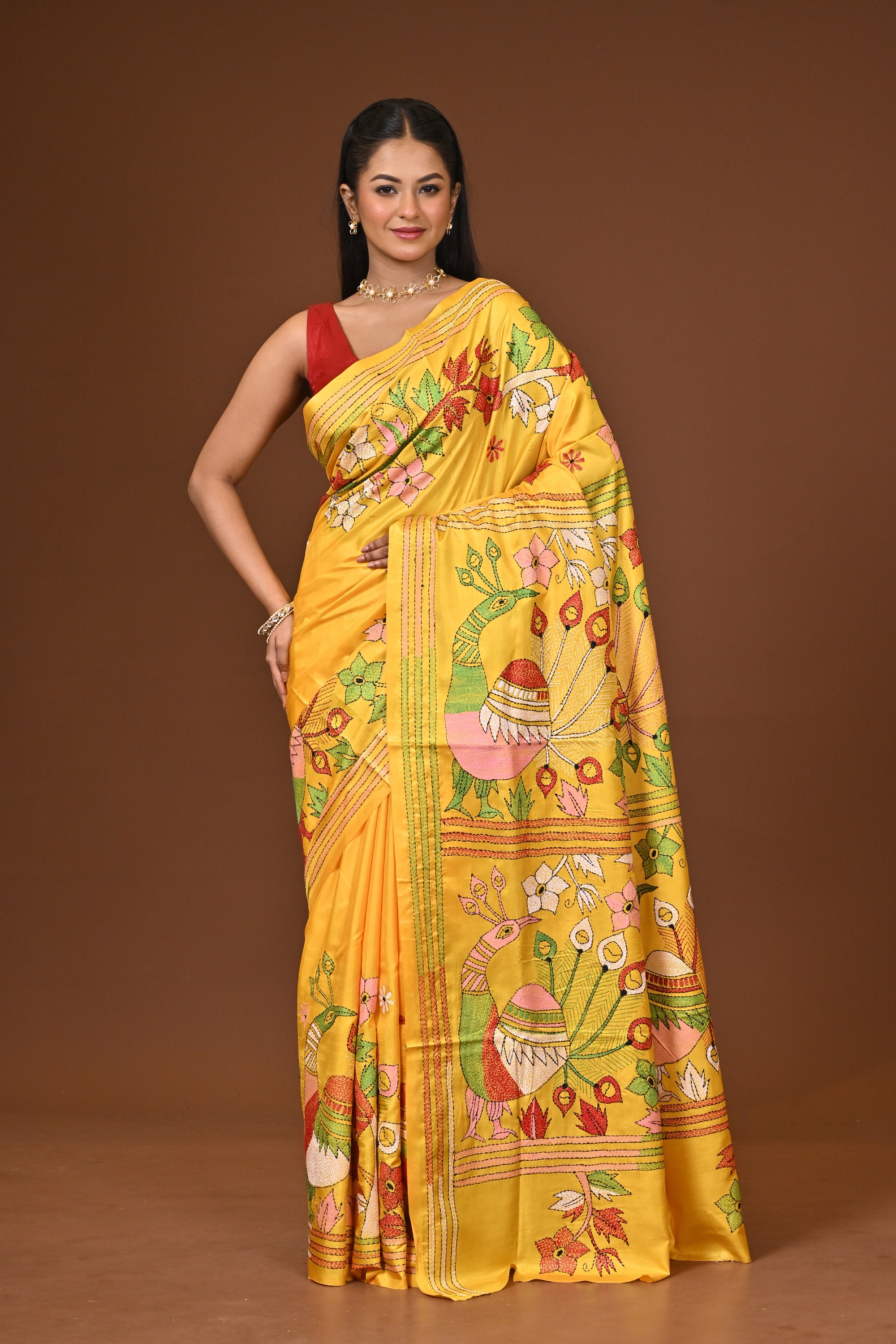 Blended Silk Kantha Stitch Saree Yellow Thumbnail
