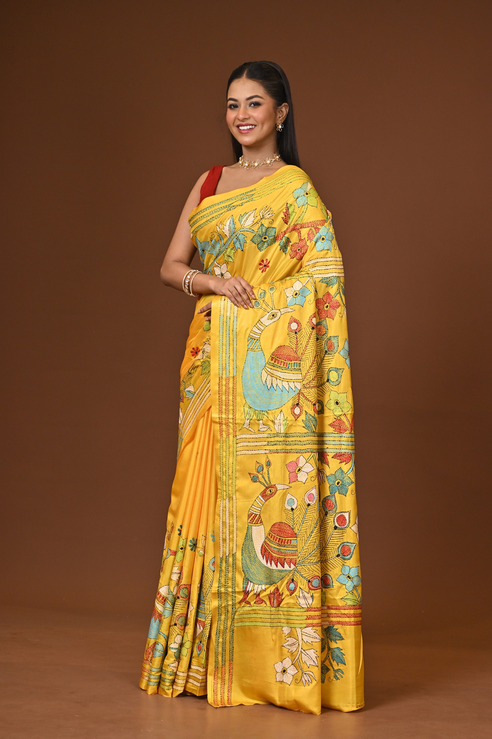 Blended Silk Kantha Stitch Saree Yellow Thumbnail