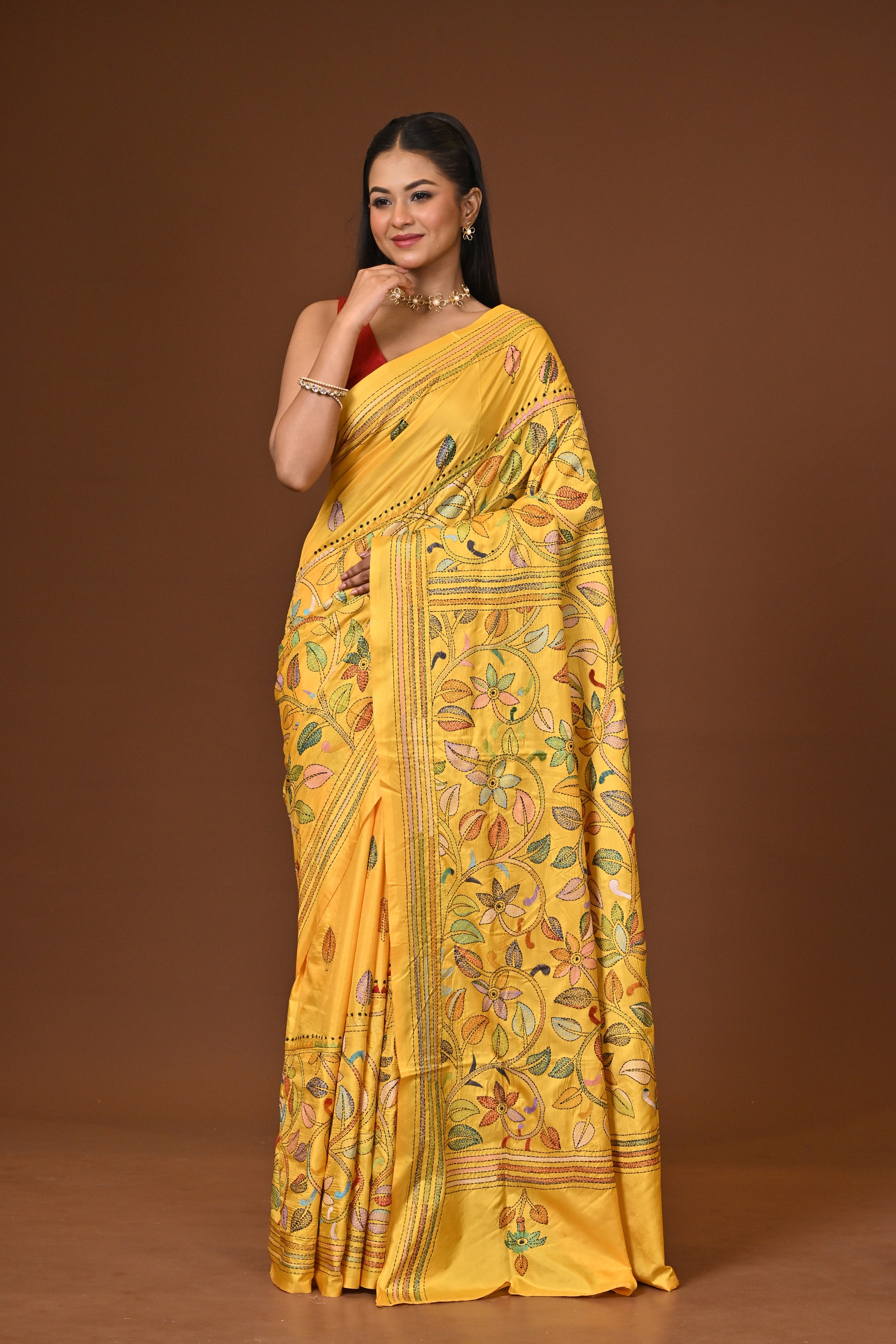 Blended Silk Kantha Stitch Saree Yellow Thumbnail