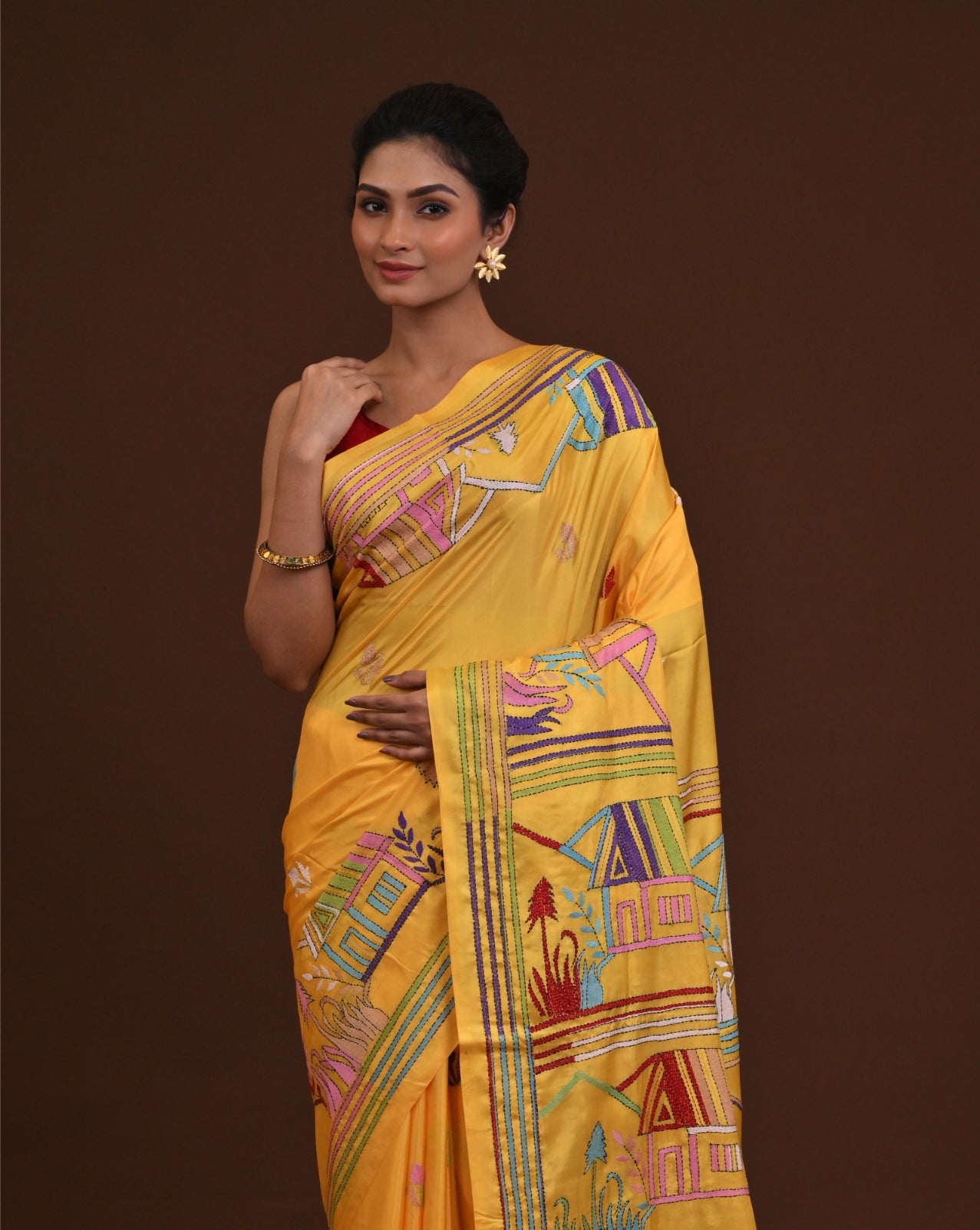 Blended Silk Kantha Stitch Saree Yellow Thumbnail