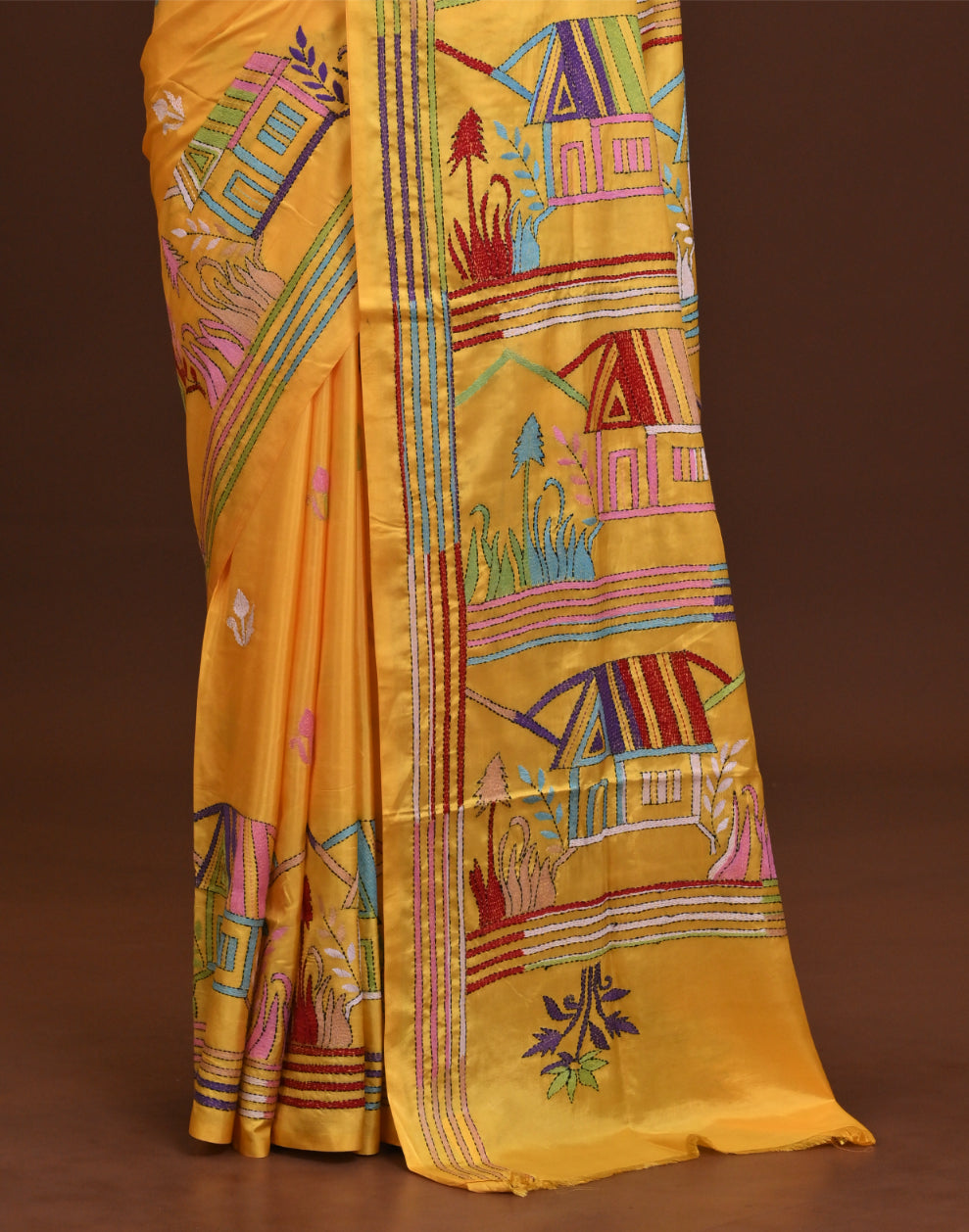 Blended Silk Kantha Stitch Saree Yellow Thumbnail