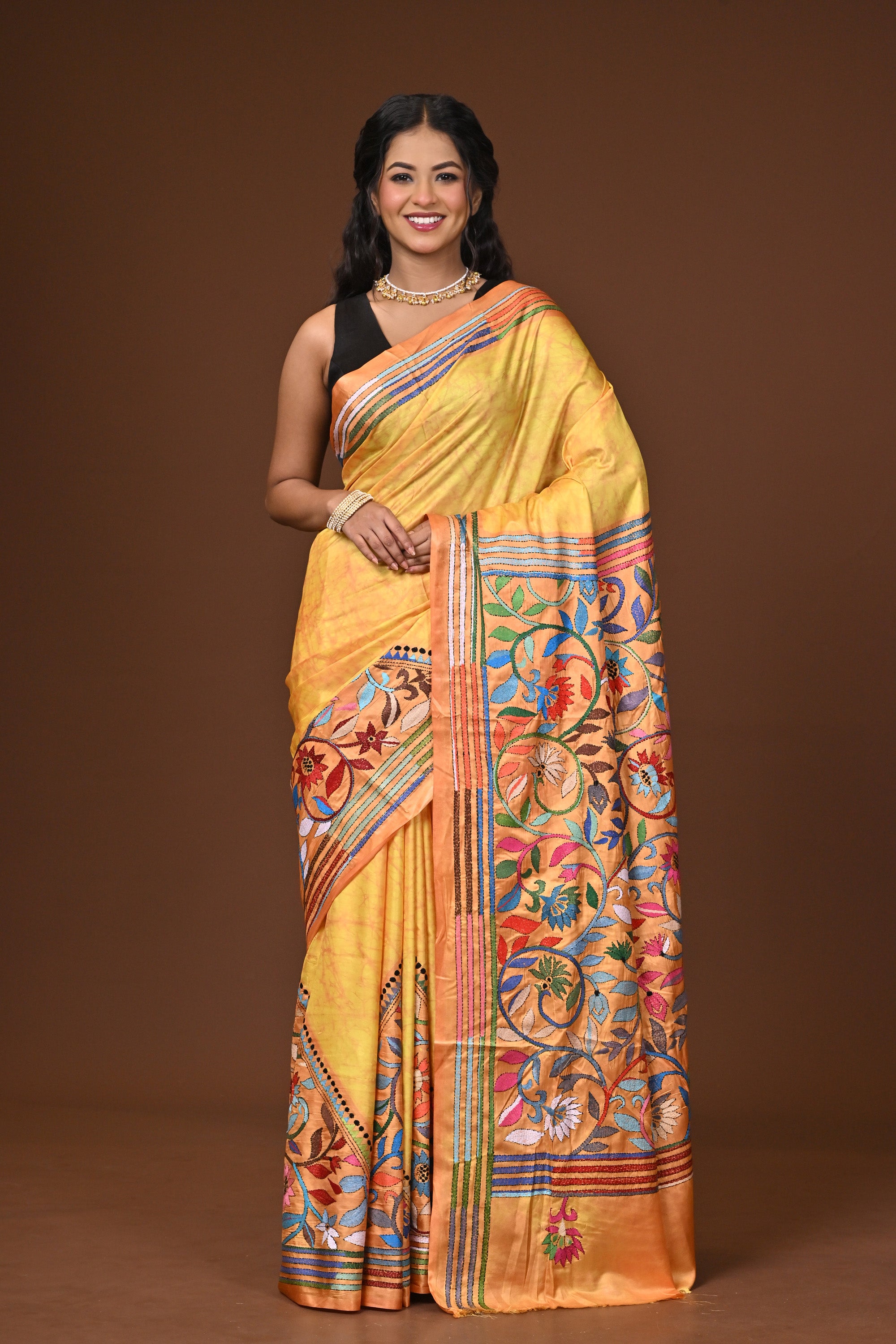 Blended Silk Kantha Stitch Saree Yellow Thumbnail
