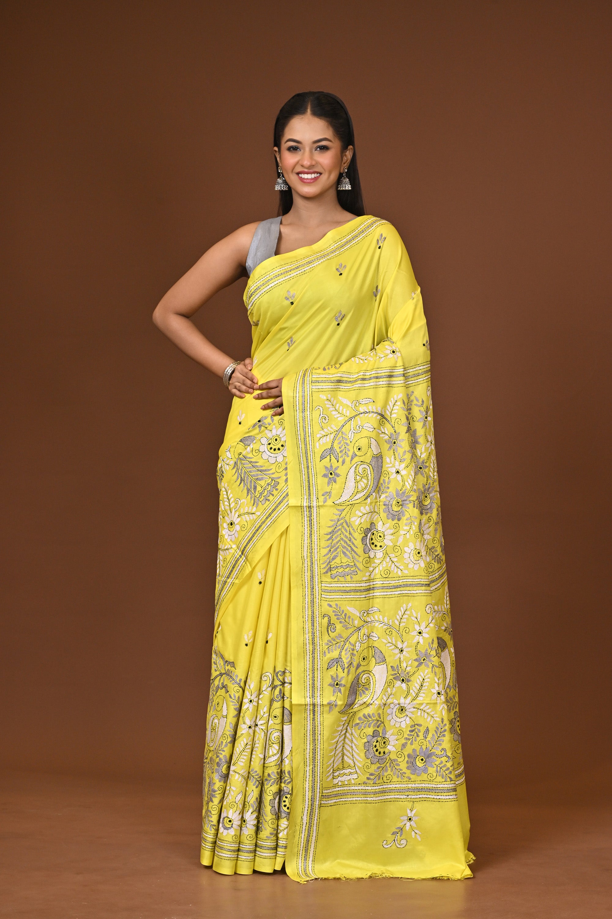Blended Silk Kantha Stitch Saree Yellow Thumbnail