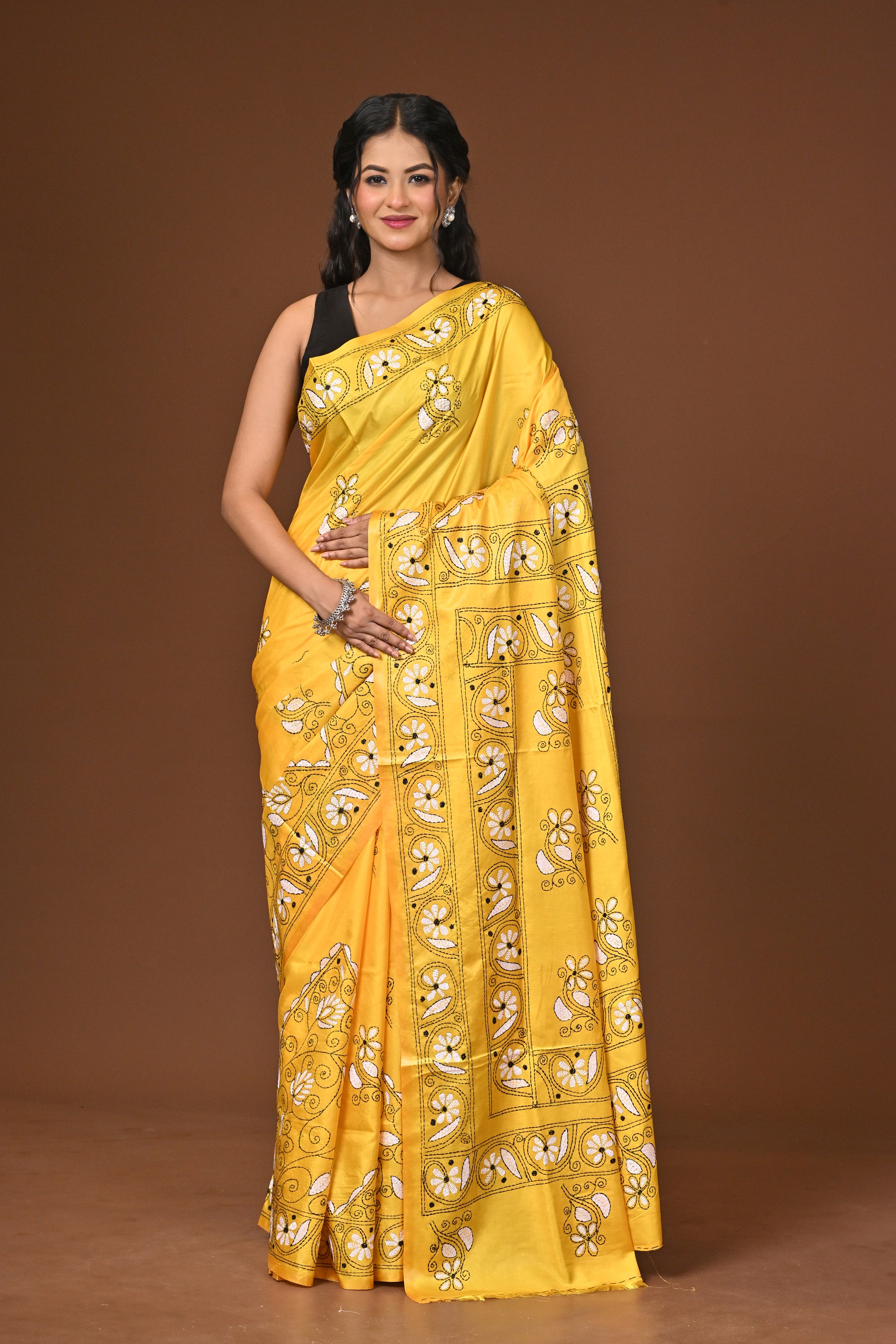 Blended Silk Kantha Stitch Saree Yellow