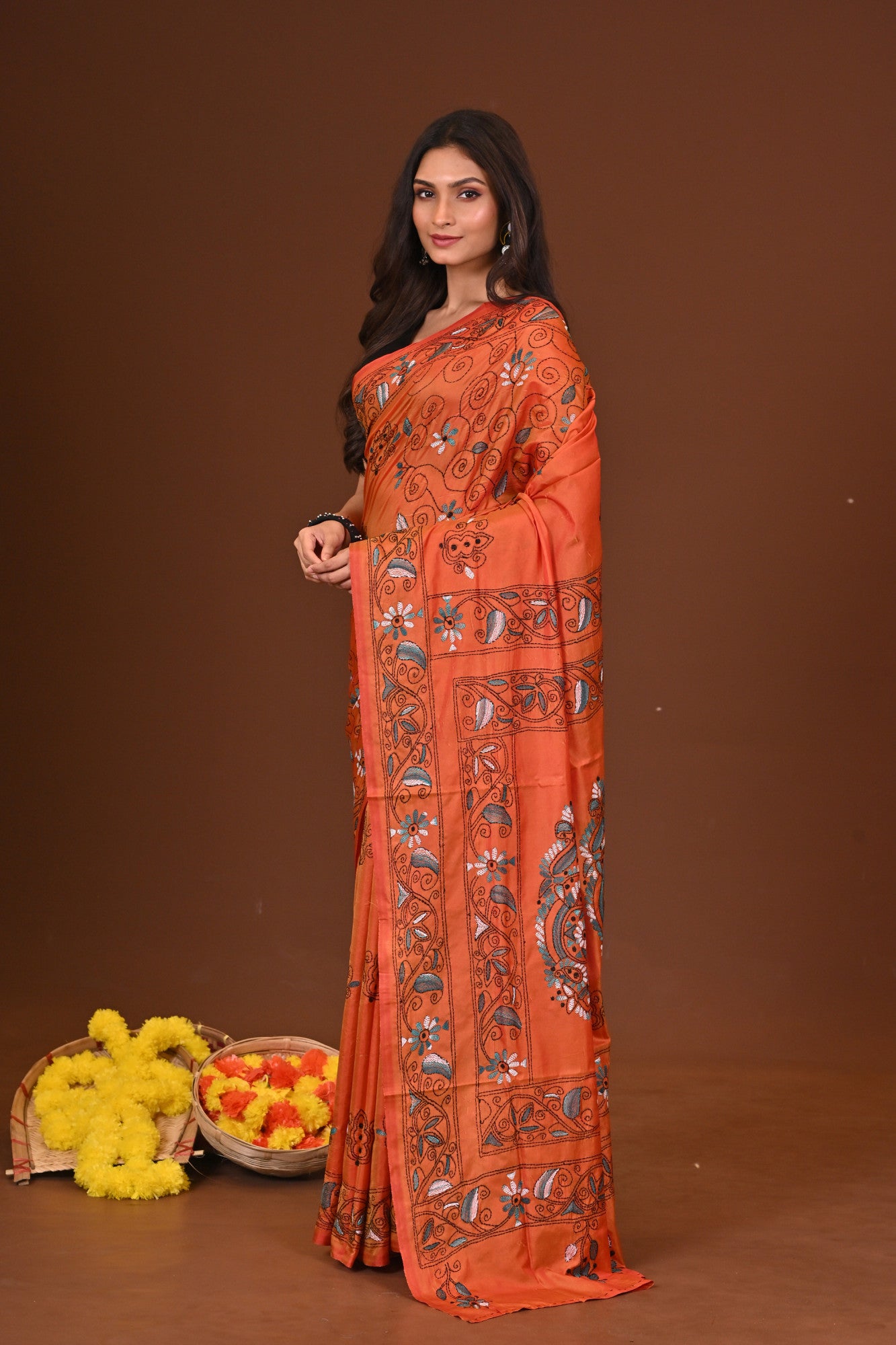 Deepanjali Blended Silk Kantha Saree Rust Thumbnail