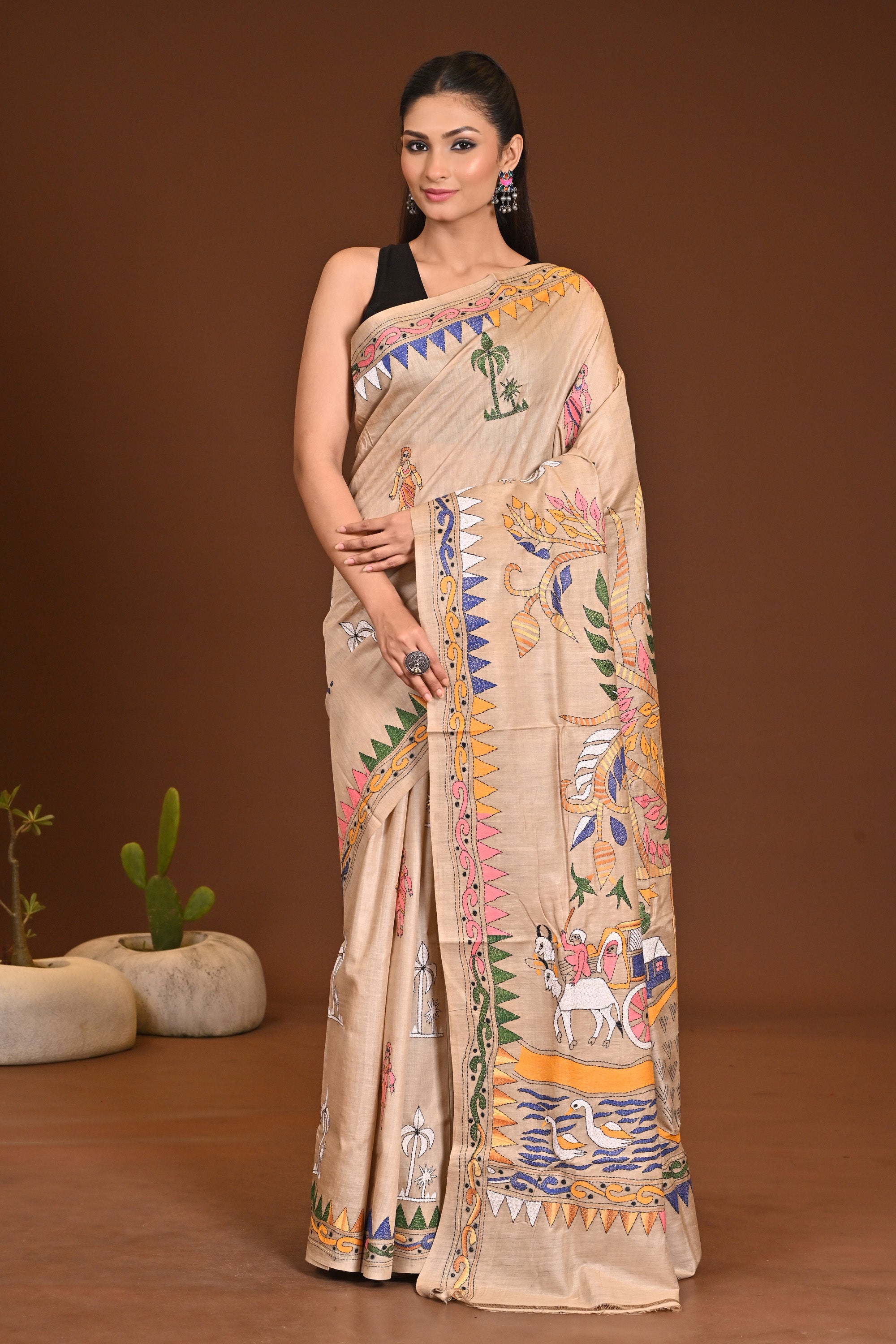 Gachi Silk Hand Embroidered Kantha Saree Beige