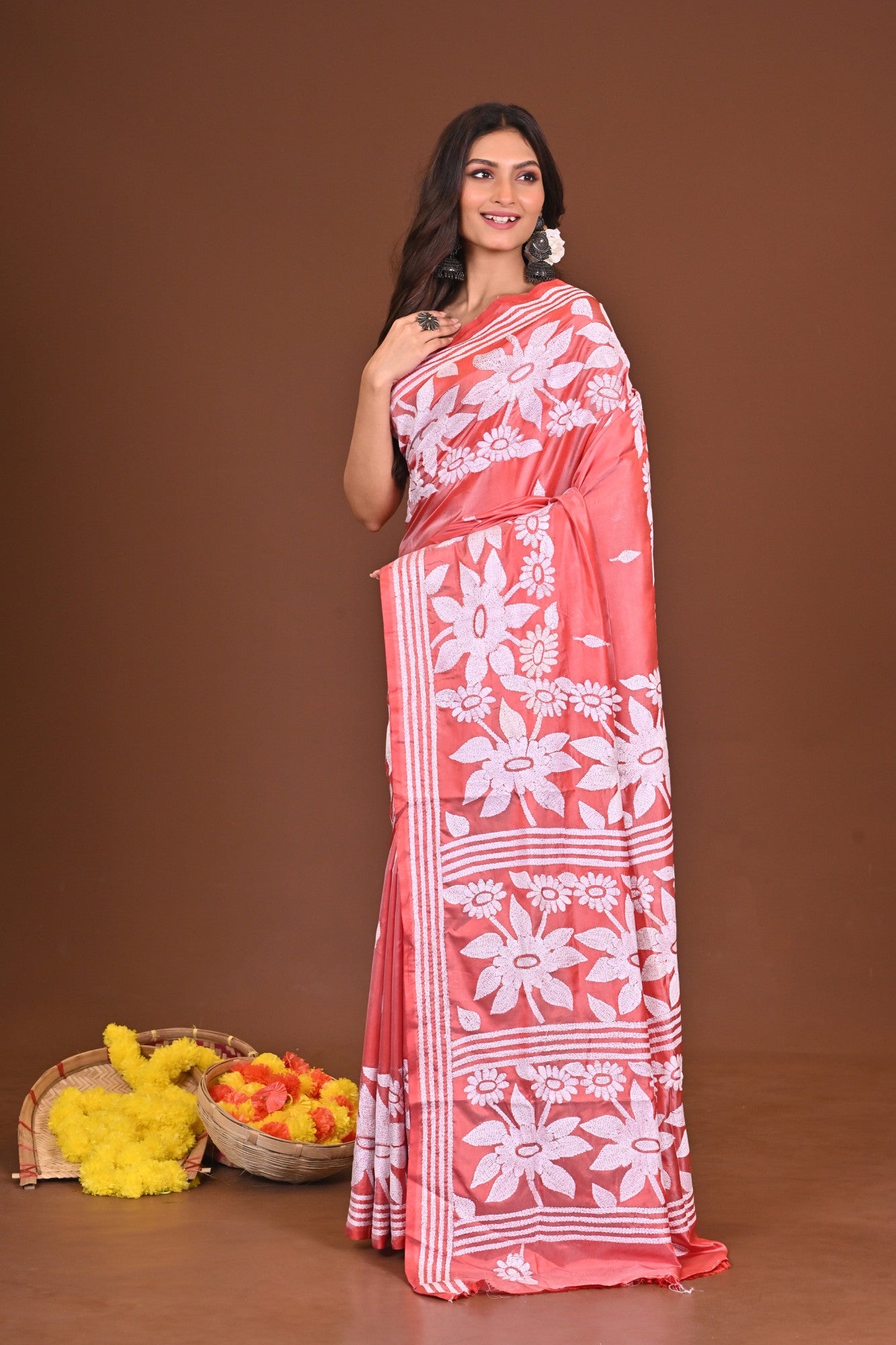 GOLAPKANON Blended Silk Kantha Stitch Saree Pink Thumbnail