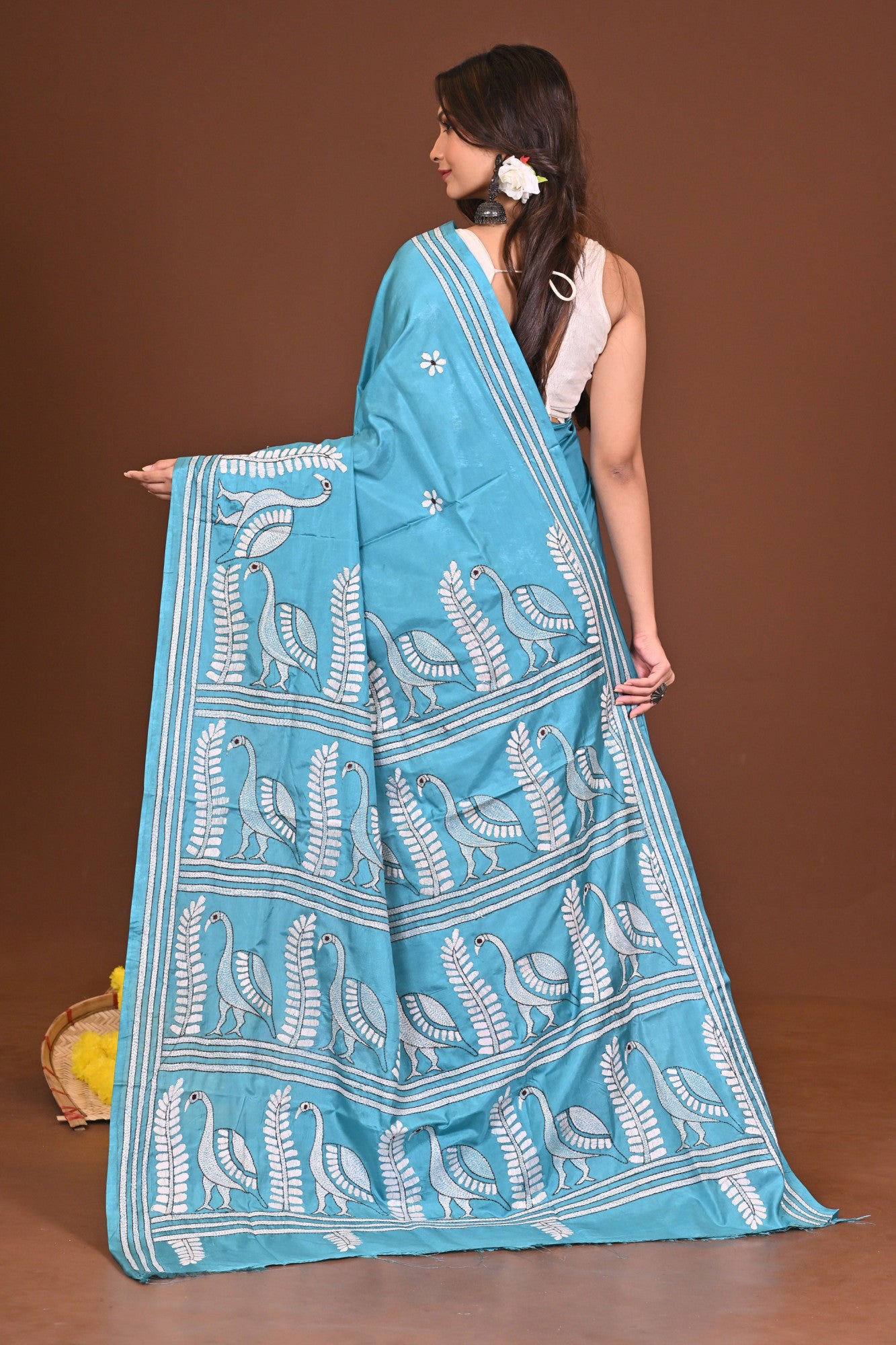 INDRANI Blended Silk Kantha Stitch Saree Sky Blue Thumbnail