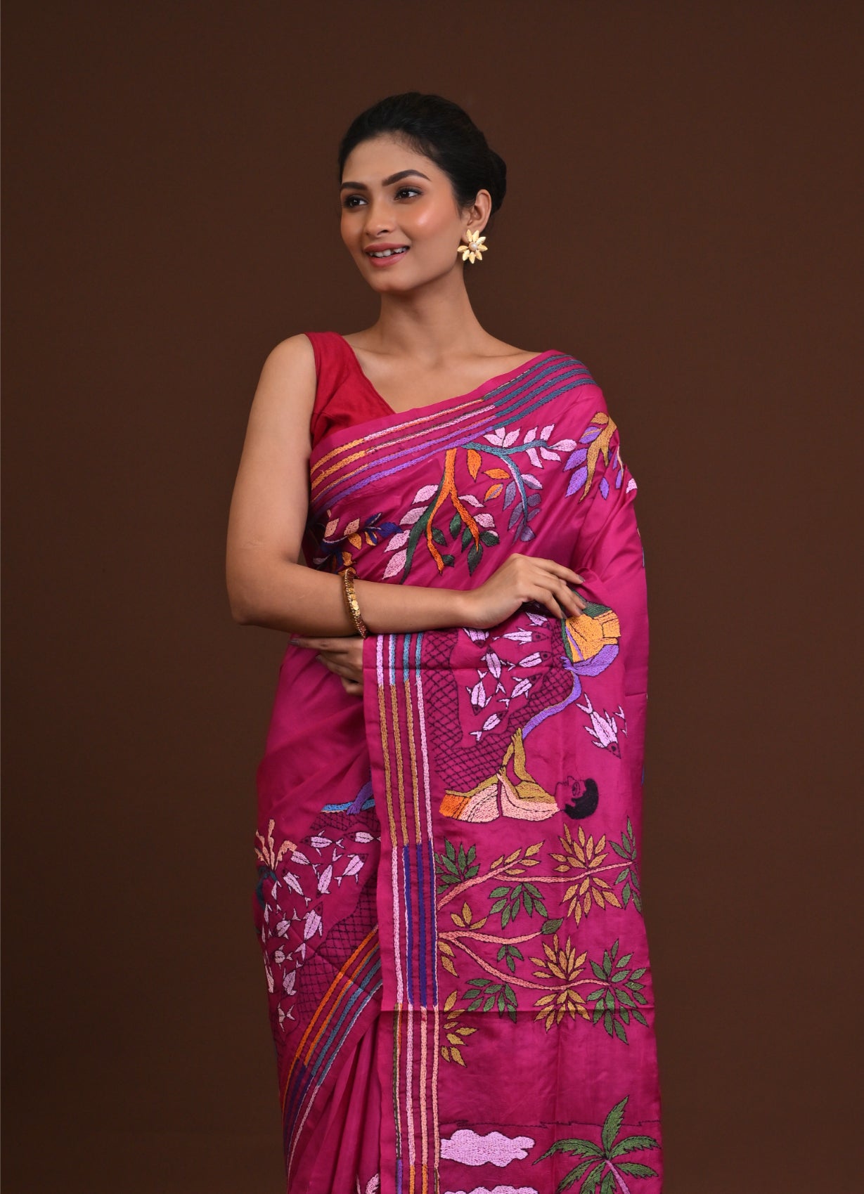 Jalchuri Pure Silk Kantha Stitch Saree Pink Thumbnail