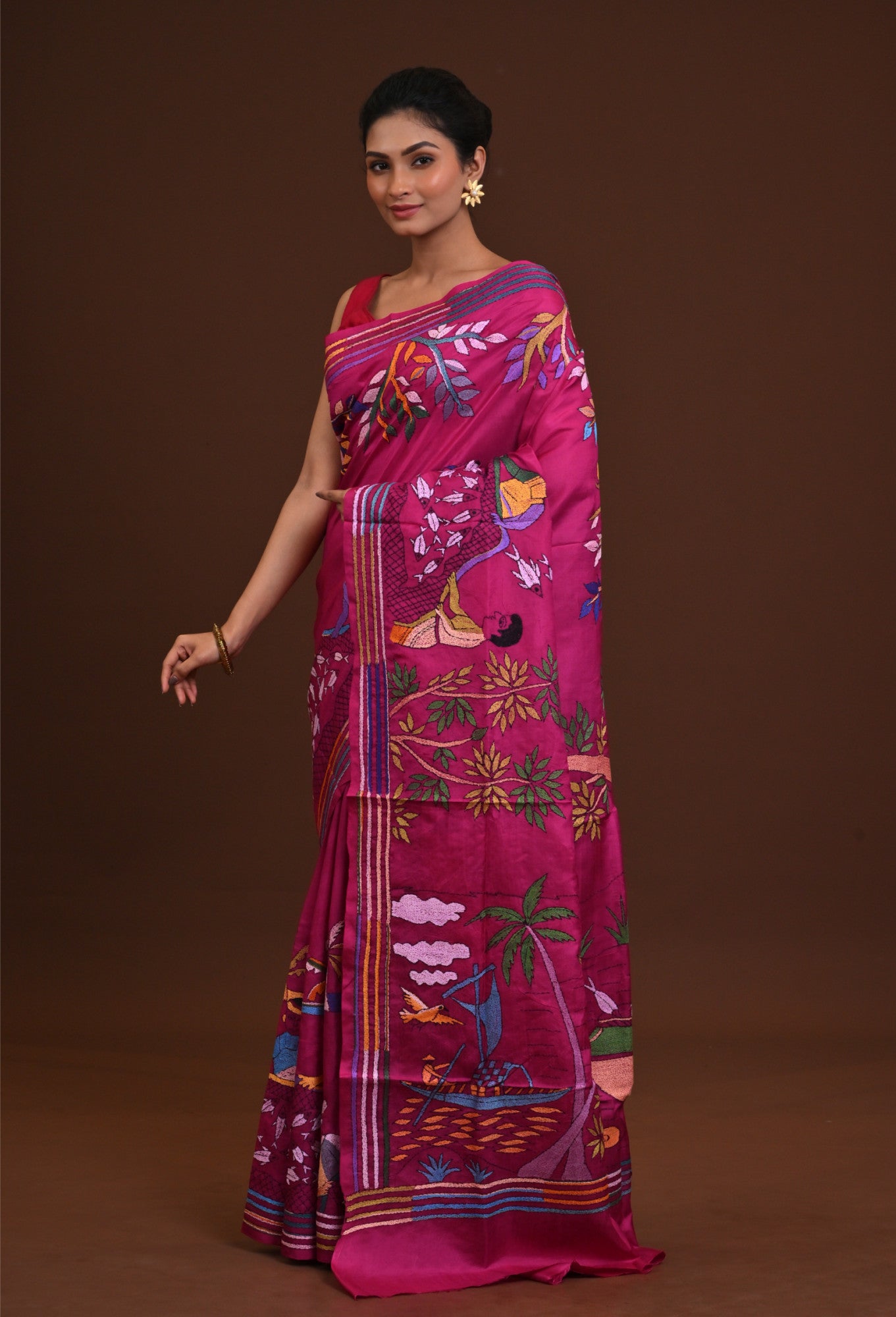 Jalchuri Pure Silk Kantha Stitch Saree Pink Thumbnail
