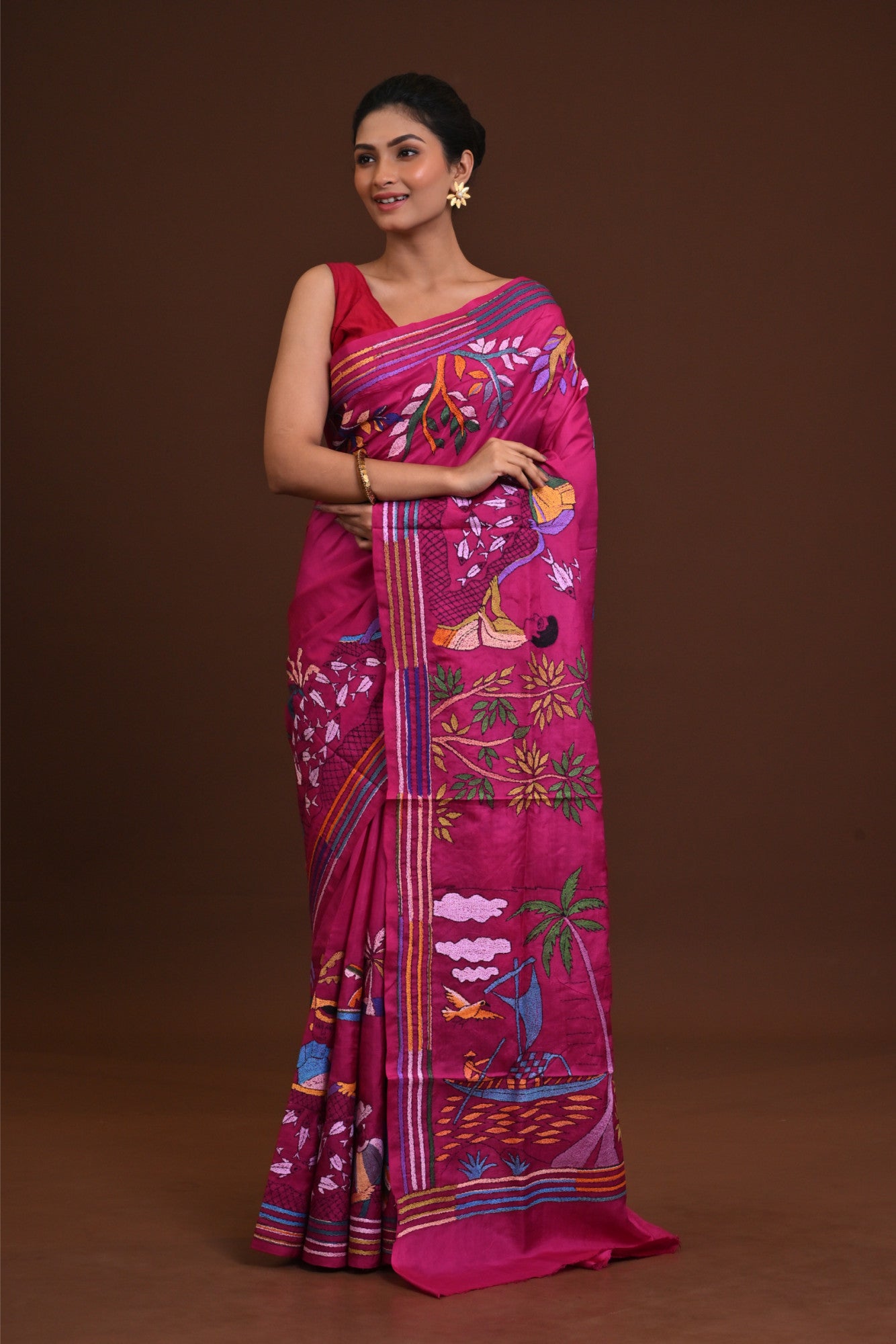 Jalchuri Pure Silk Kantha Stitch Saree Pink Thumbnail