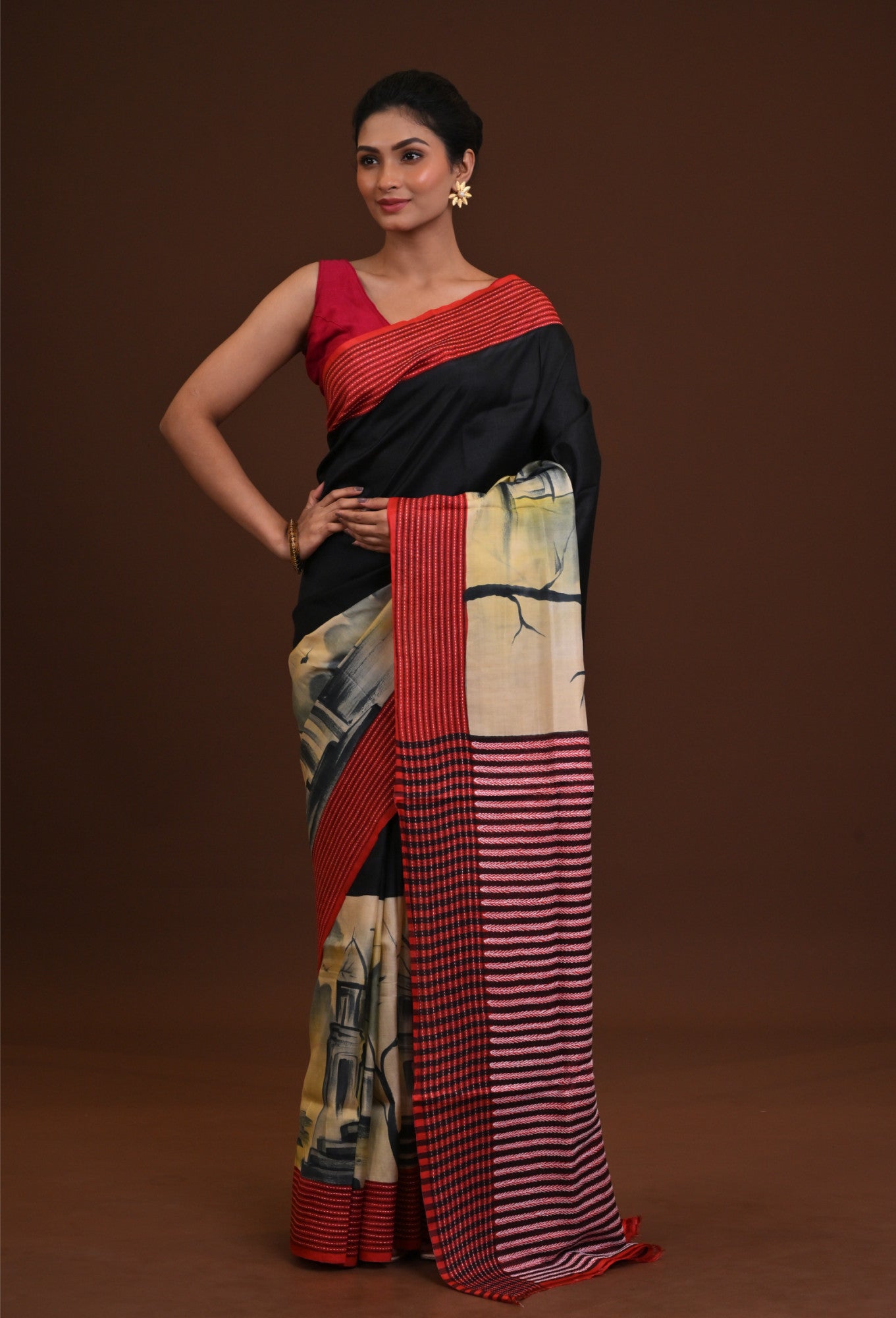 Jalchuri Pure Silk Katha Stitch Saree Black Thumbnail