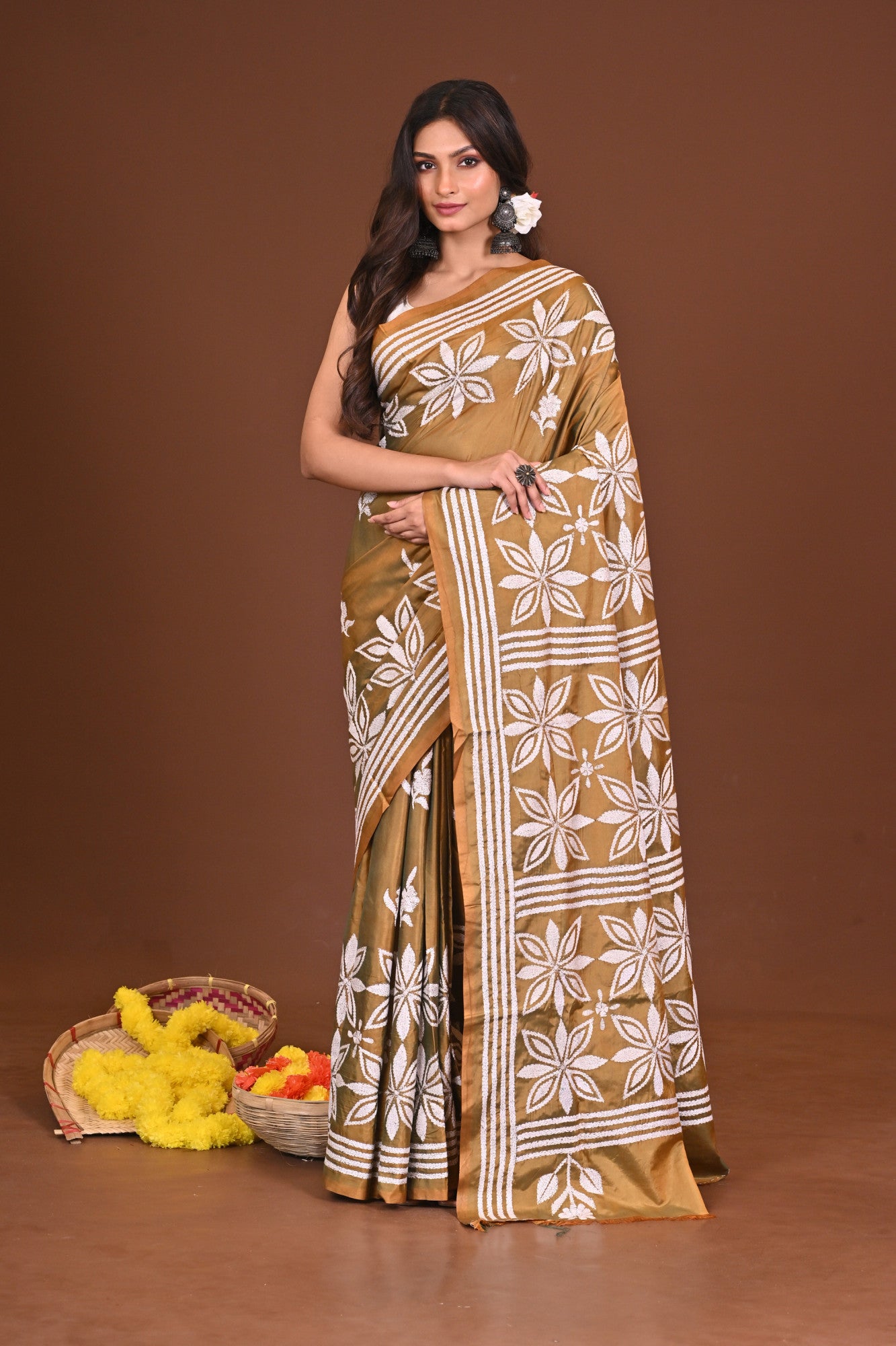 KAASHKUSUM Blended Silk Kantha Stitch Saree Mustard Yellow Thumbnail