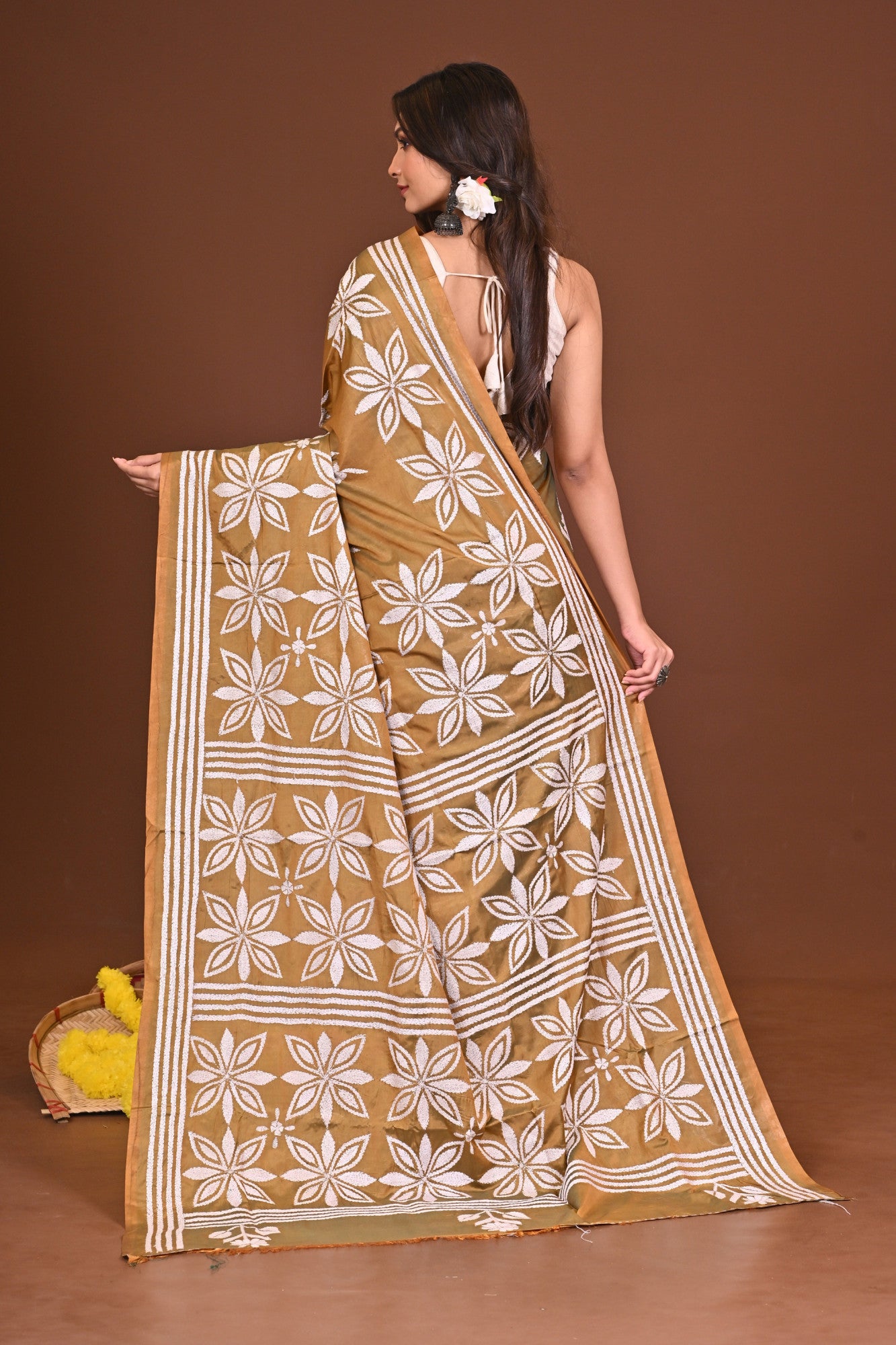 KAASHKUSUM Blended Silk Kantha Stitch Saree Mustard Yellow Thumbnail