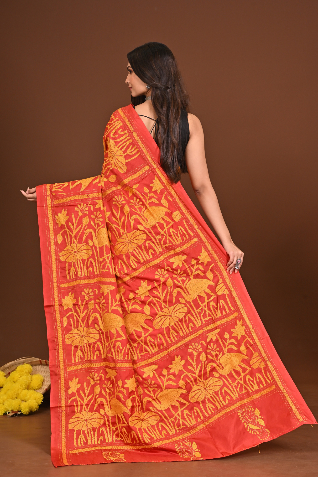 KATYAYANI Blended Silk Kantha Stitch Saree Red Thumbnail