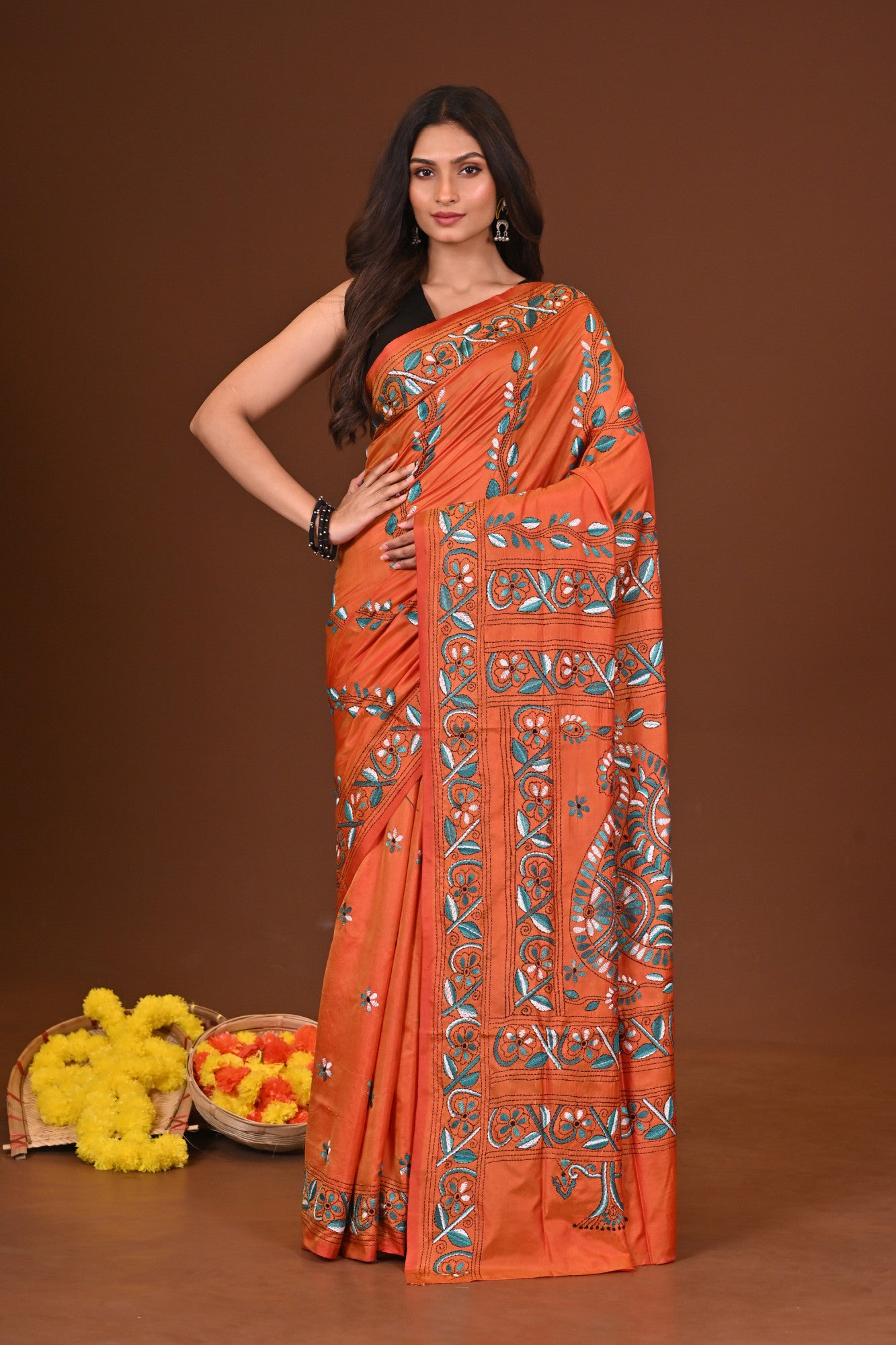 Kusumika Blended Silk Kantha Saree Rust