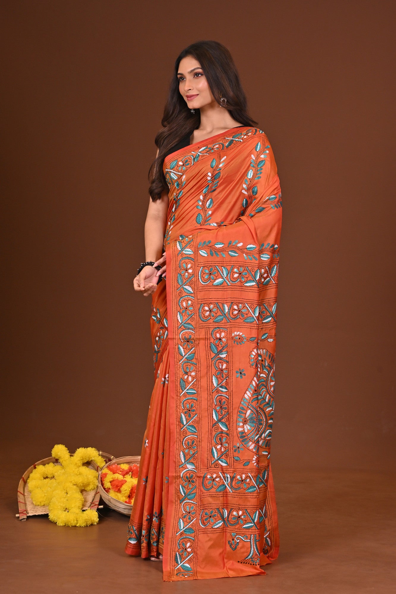 Kusumika Blended Silk Kantha Saree Rust Thumbnail