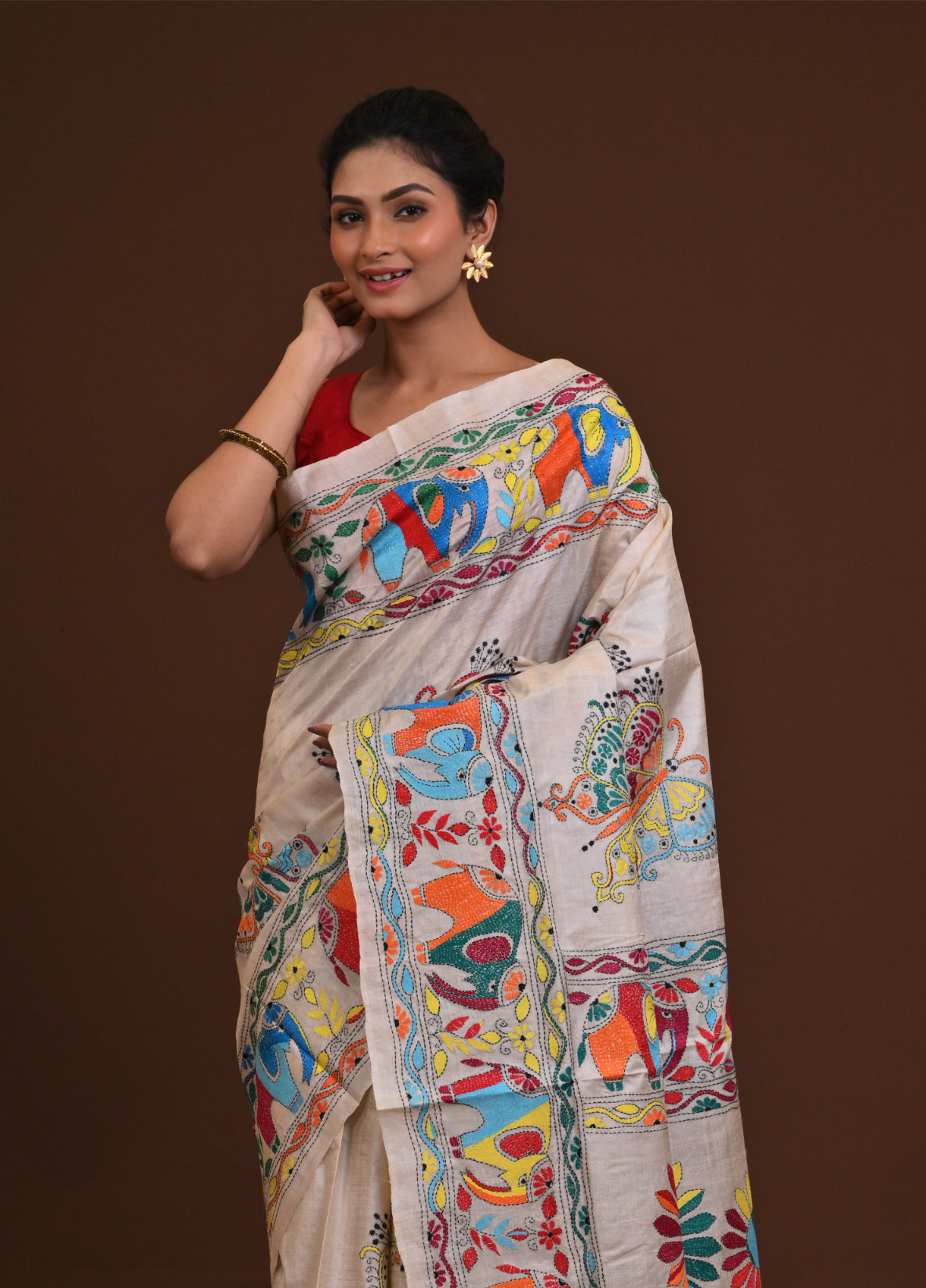 Pure Silk Kantha Stitch Saree