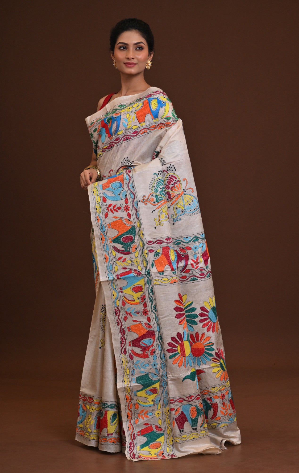 Pure Silk Kantha Stitch Saree