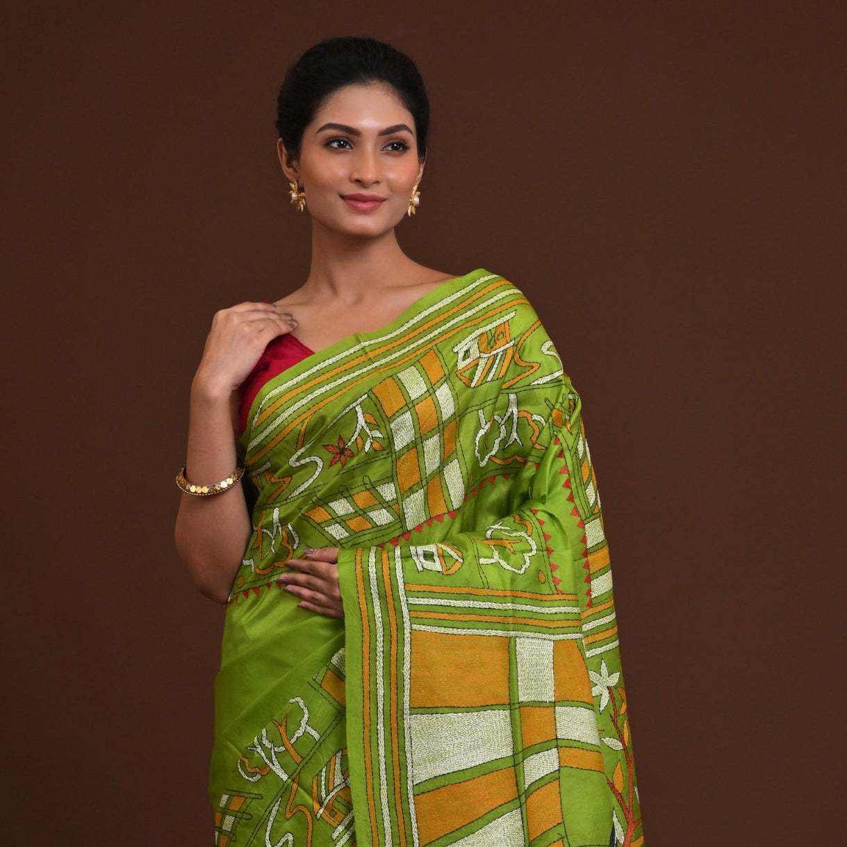 Pure Silk Kantha Stitch Saree Green Thumbnail