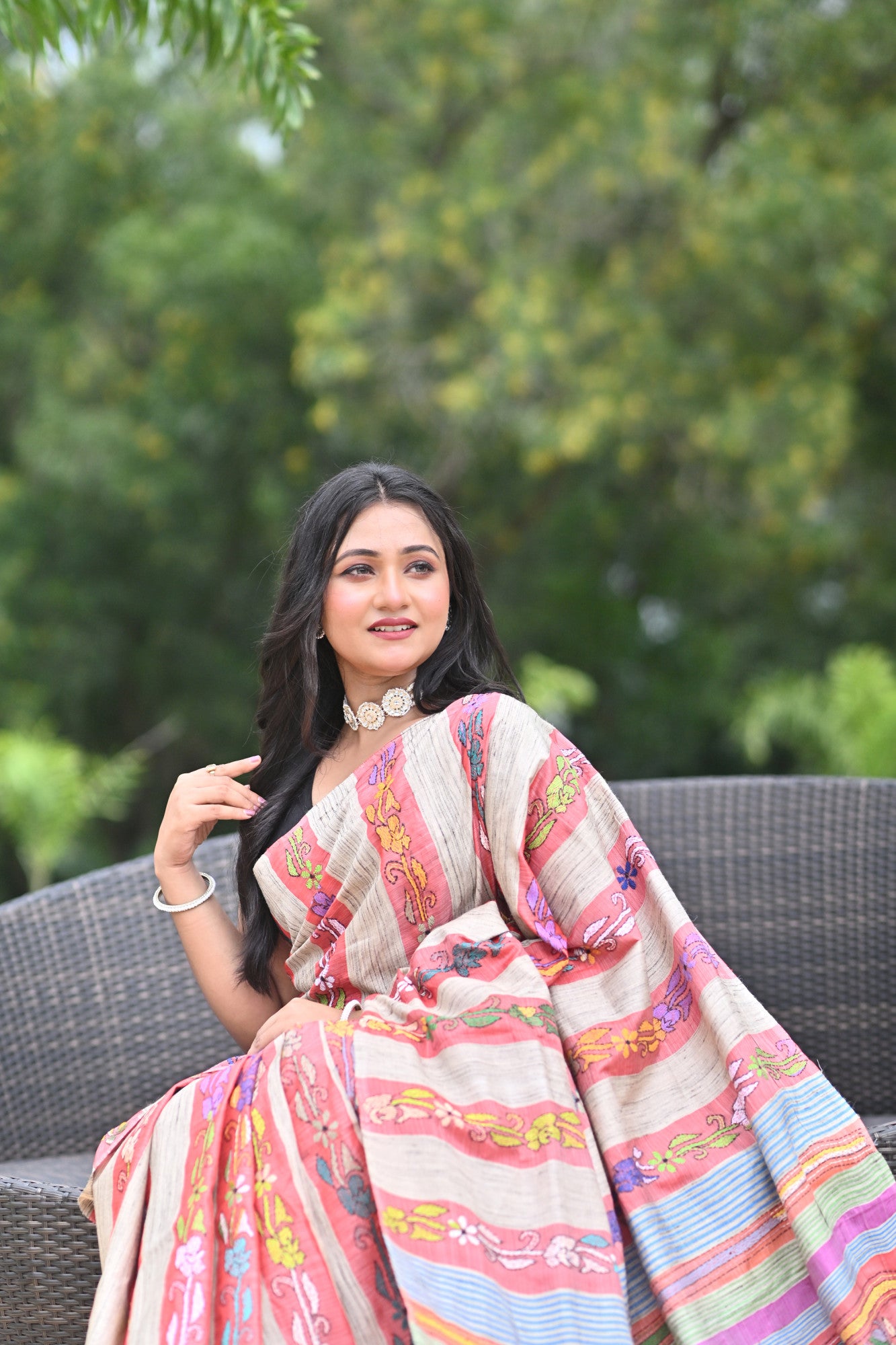 RUDRANI GHICHA STRIPE KANTHA SAREE Thumbnail