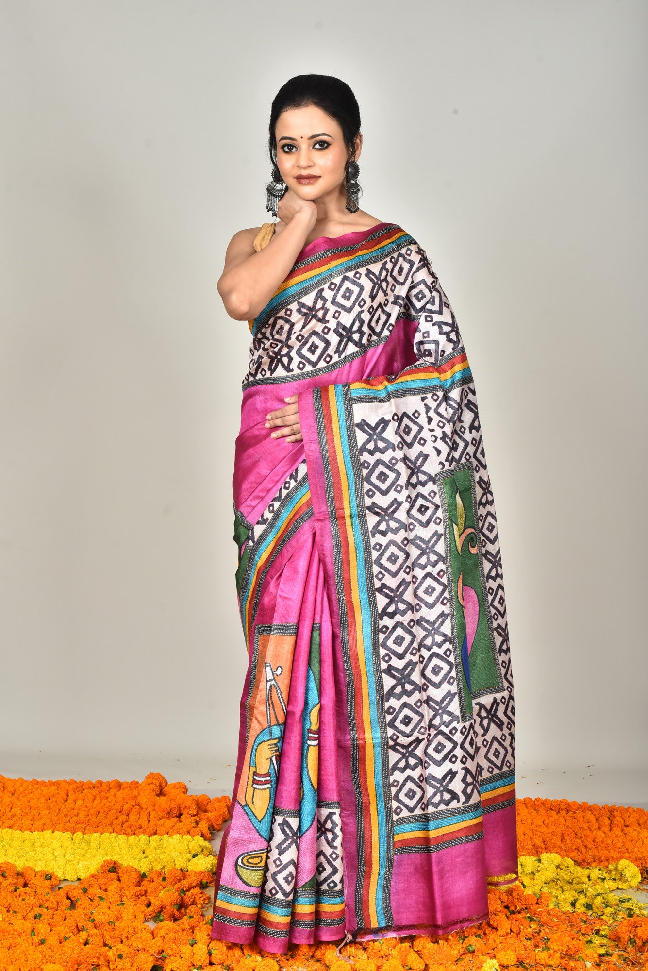 TUSSAR BLOCK HANDPRINT KANTHA SAREE Thumbnail
