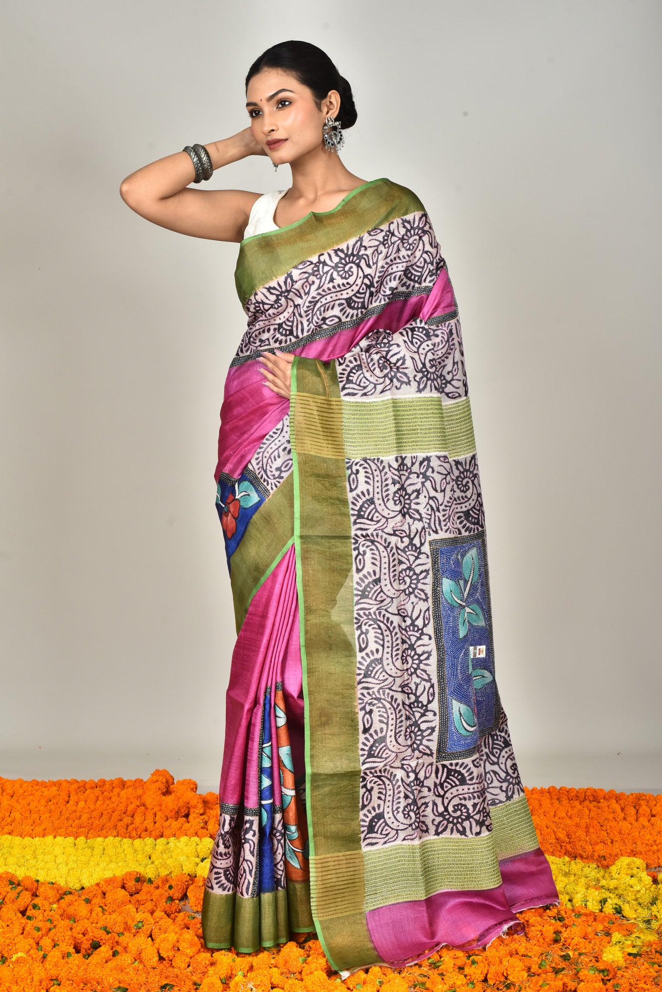 TUSSAR BLOCK HANDPRINT KANTHA SAREE