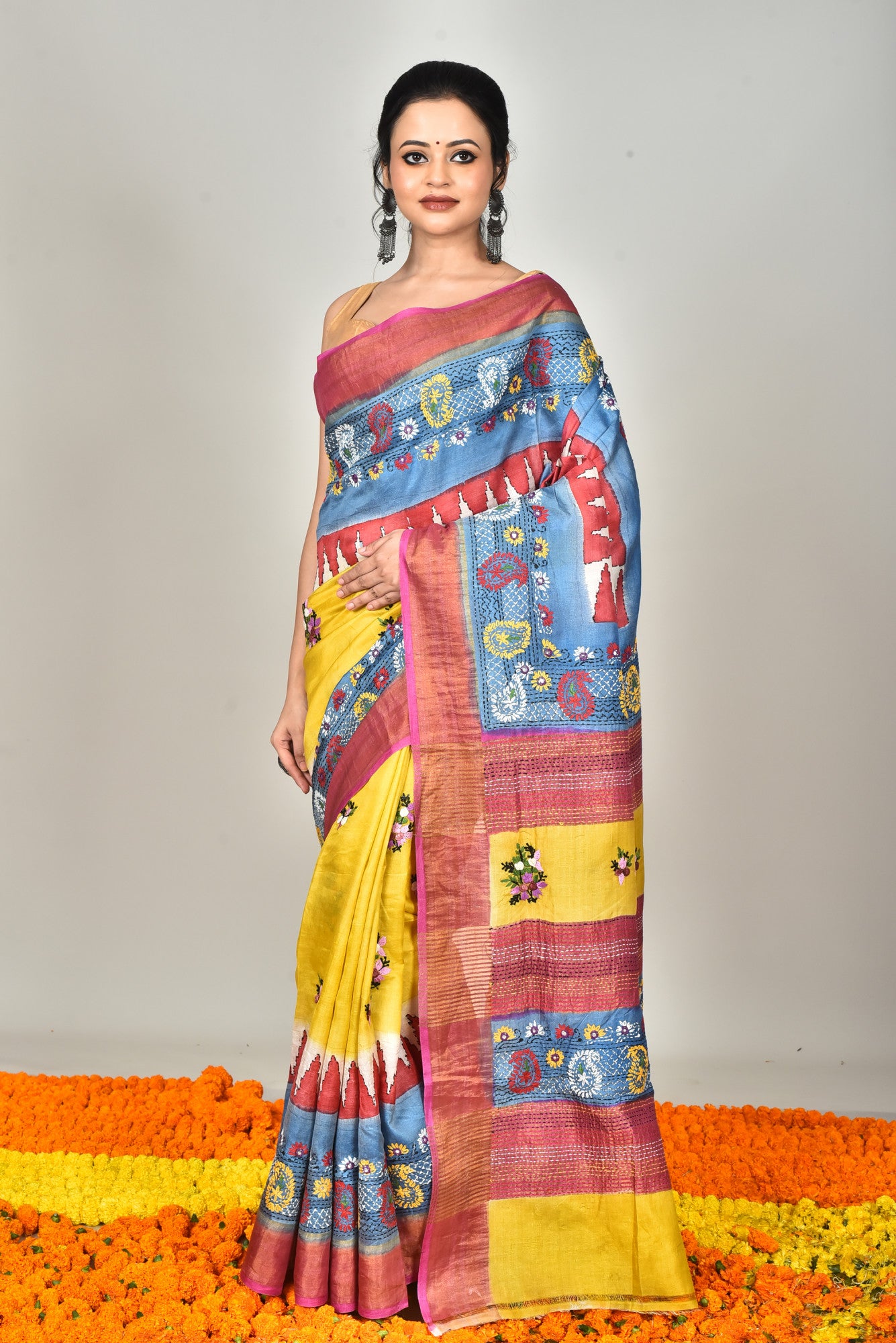 Tussar Dye Lambani Silk Kantha Saree Multicolor Thumbnail