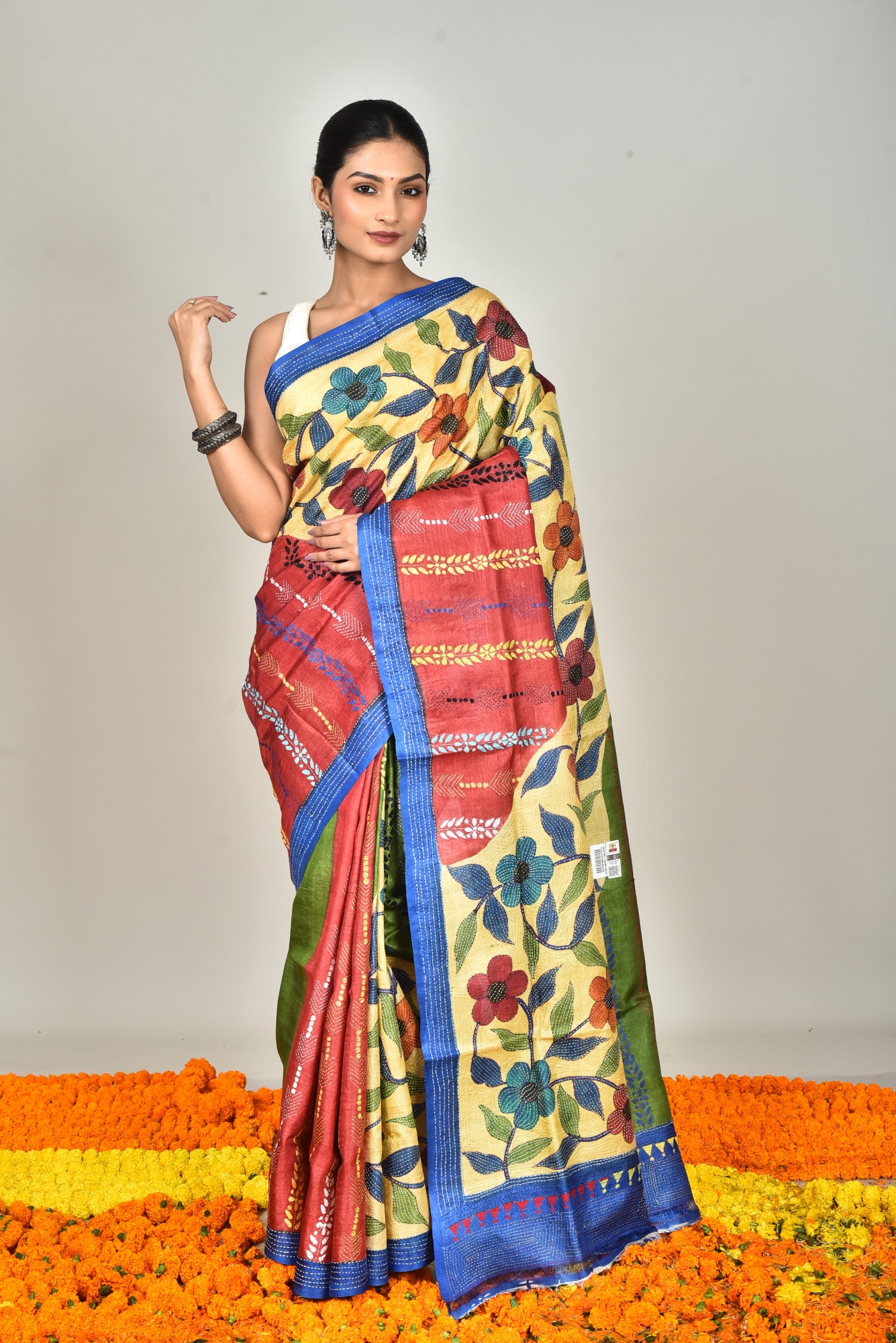 Tussar Hand Print Kantha Saree Multicolor Thumbnail