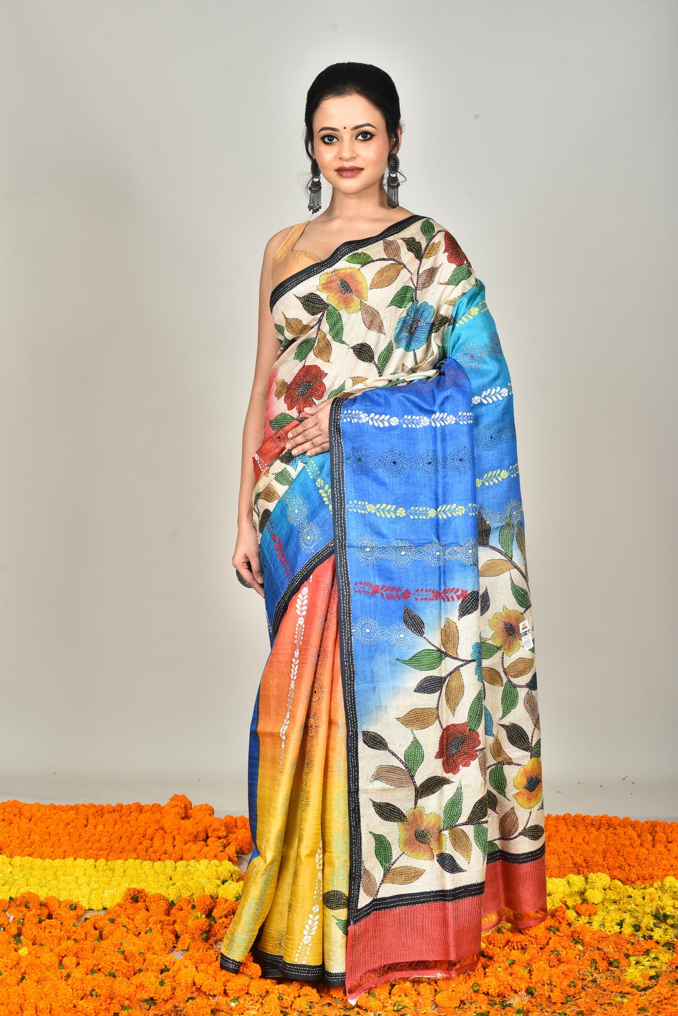 Tussar Hand Print Kantha Stitch Saree Multicolor Thumbnail