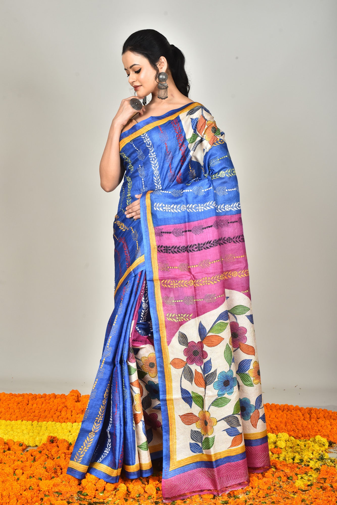 Tussar Hand Print Kantha Stitch Saree Multicolor Thumbnail