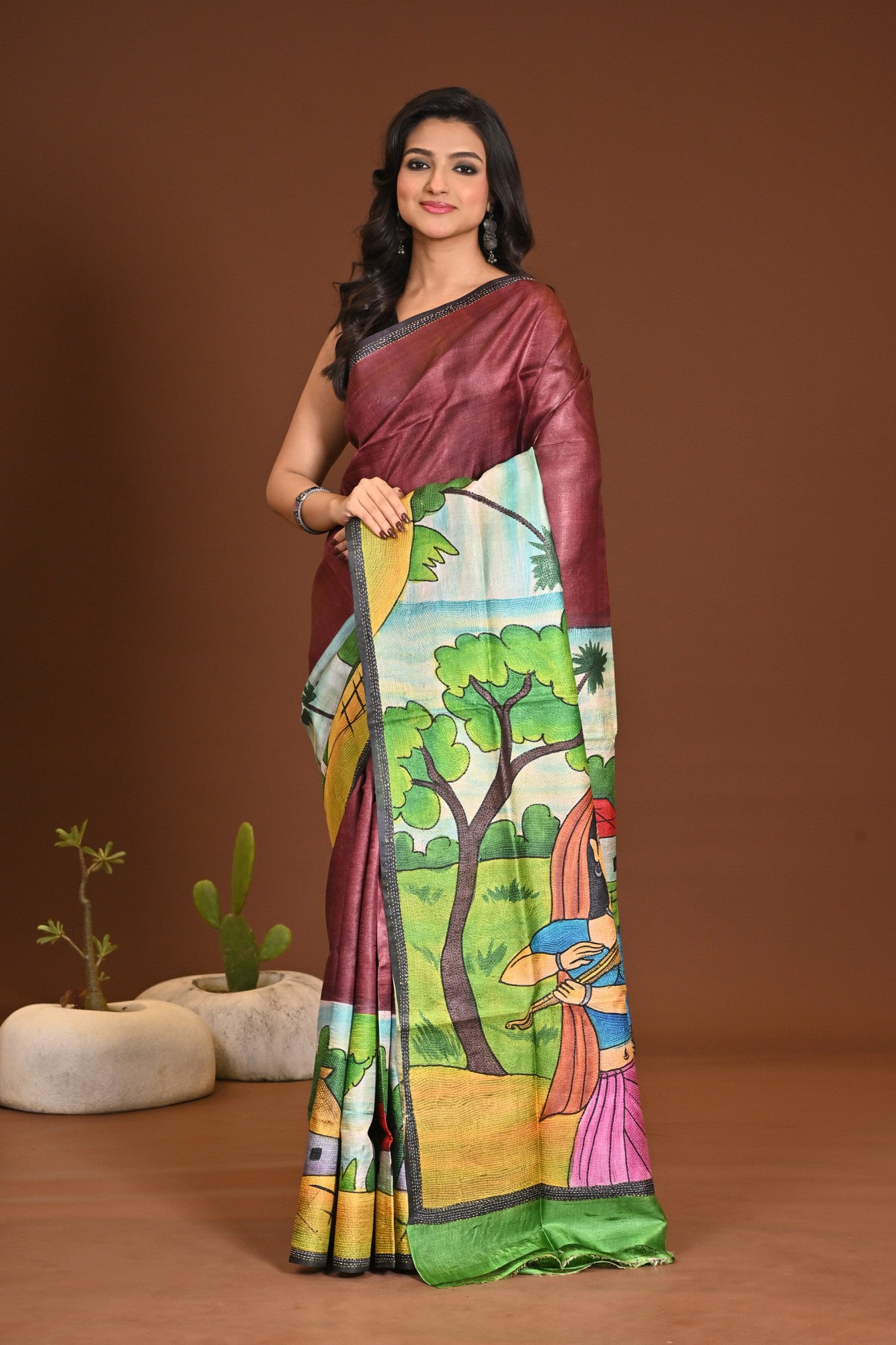 TUSSAR HANDPRINT KANTHA SAREE Thumbnail