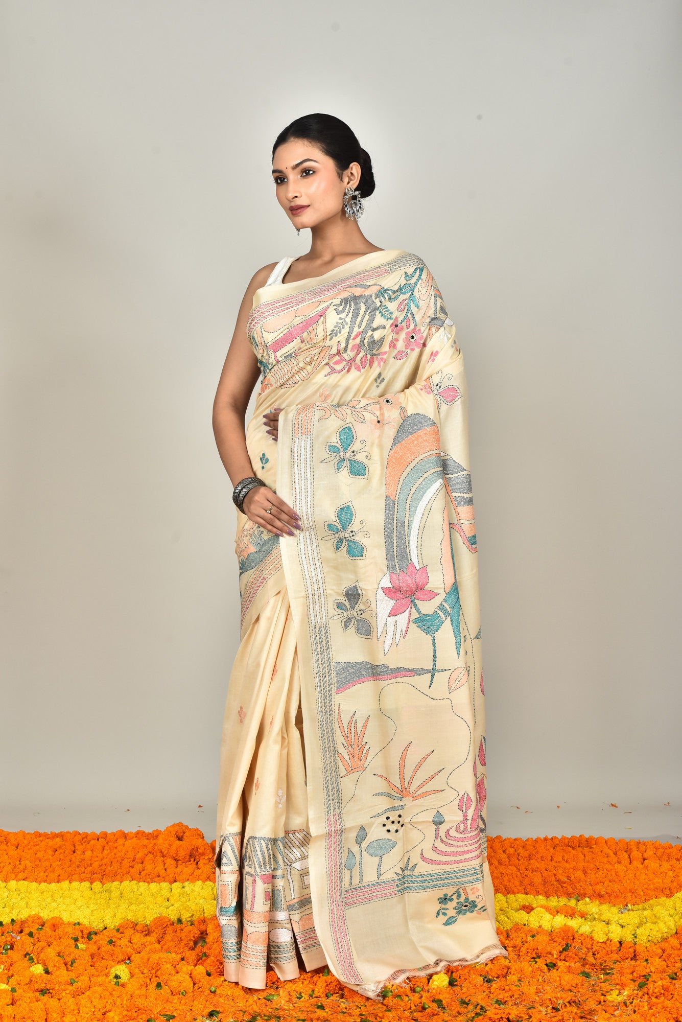 Tussar Silk Kantha Stitch Saree Thumbnail