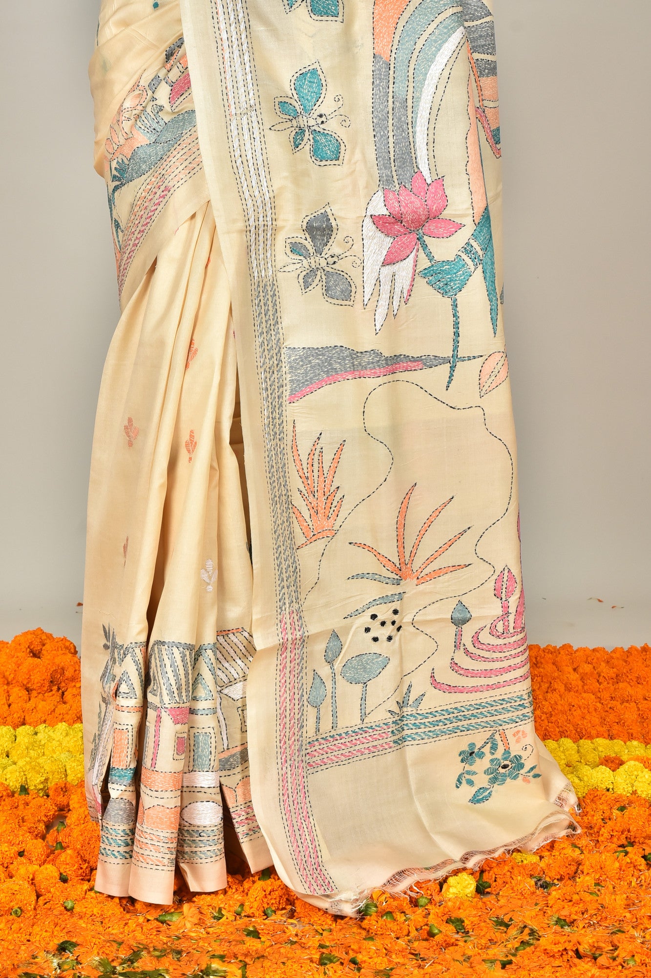 Tussar Silk Kantha Stitch Saree