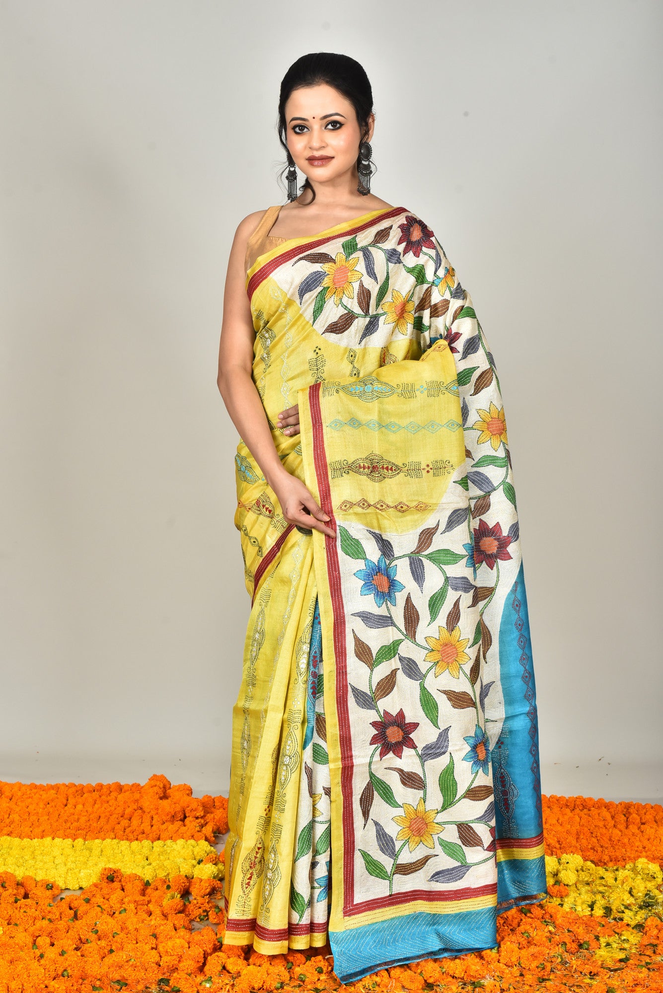 Tussar Silk Kantha Stitch Saree Multicolor Thumbnail