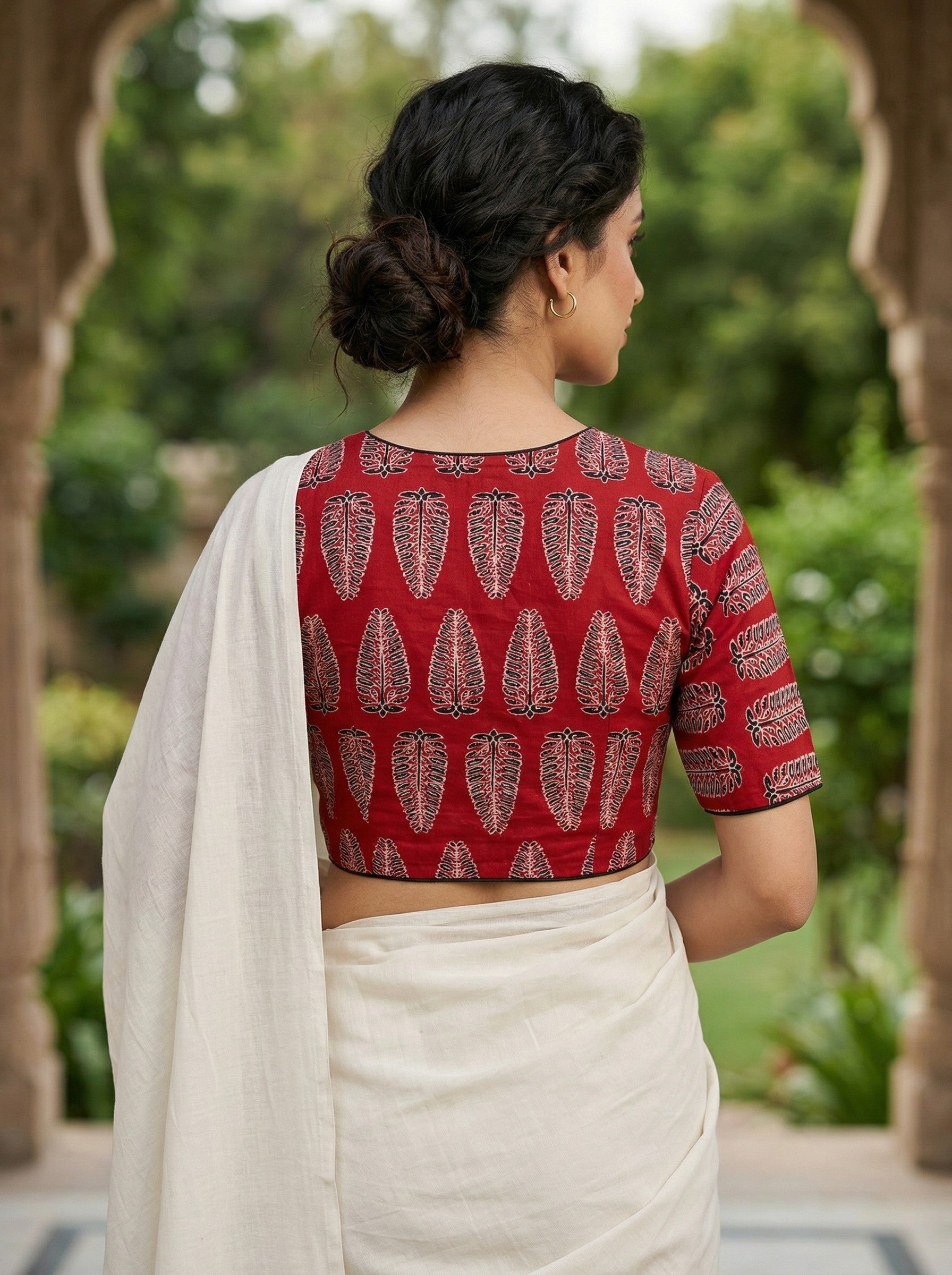 Red Ajrakh Leaf Printed Cotton Blouse Half Sleeve (Size 30–42)