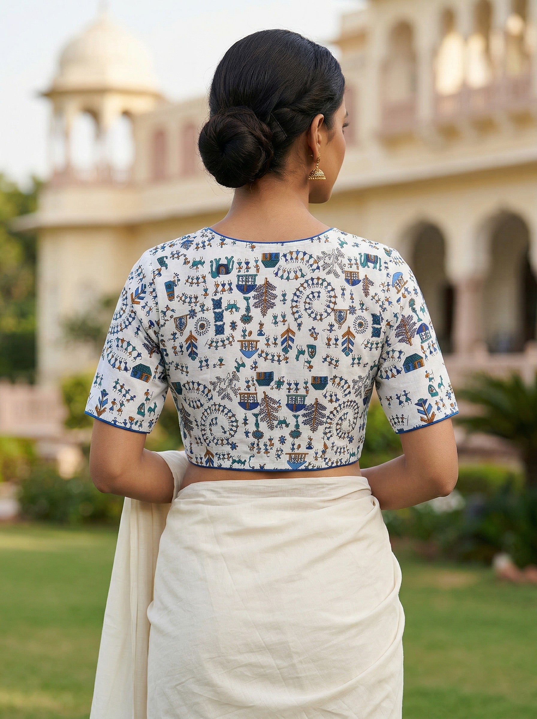 White Blue Madhubani Printed Cotton Blouse Half Sleeve (Size 30–42)