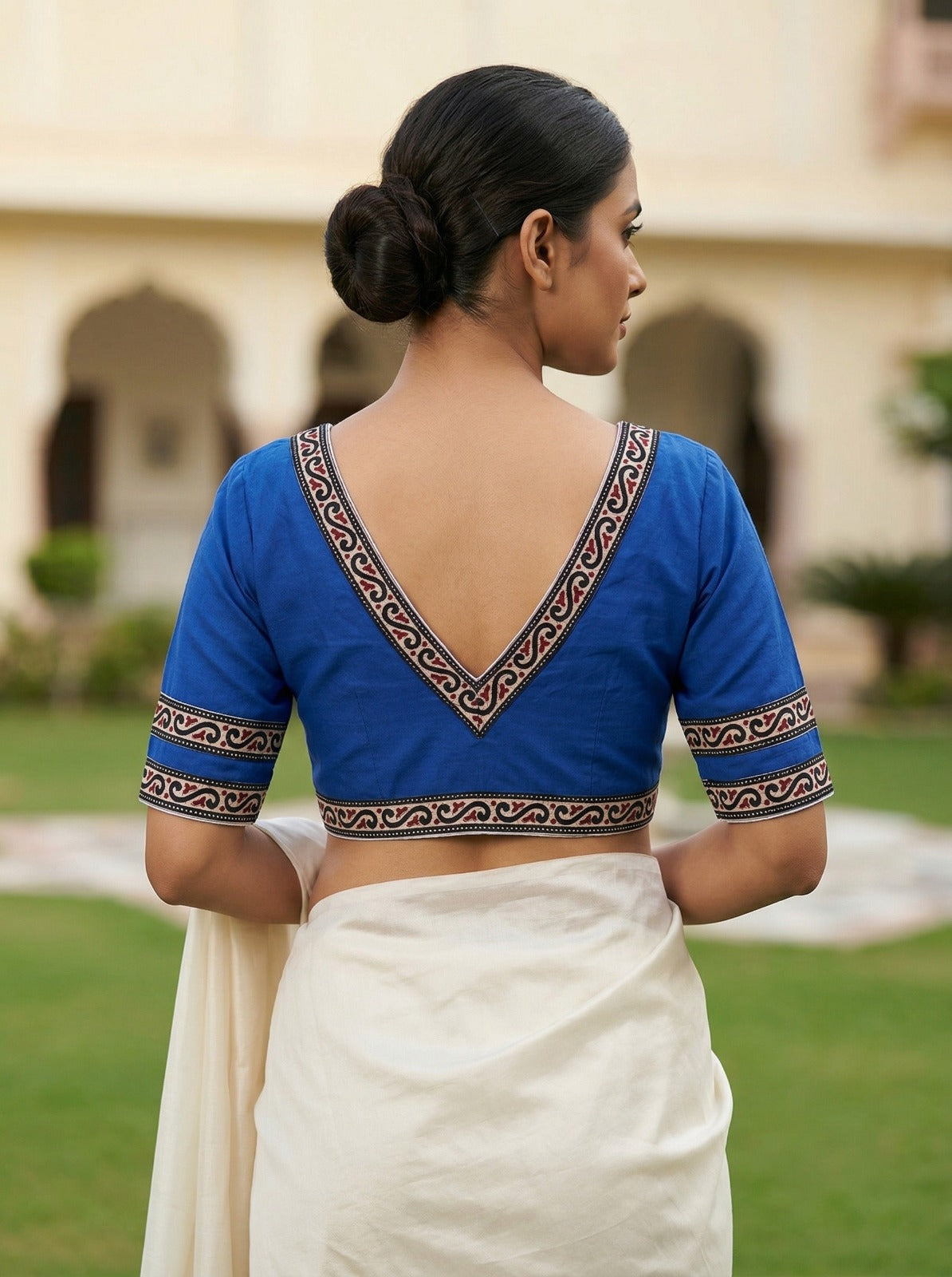 Vasant Vastra Royal Blue Pure Cotton Saree Blouse – V Neck, Front Open Hook, Half Sleeve (Sizes 30–42)
