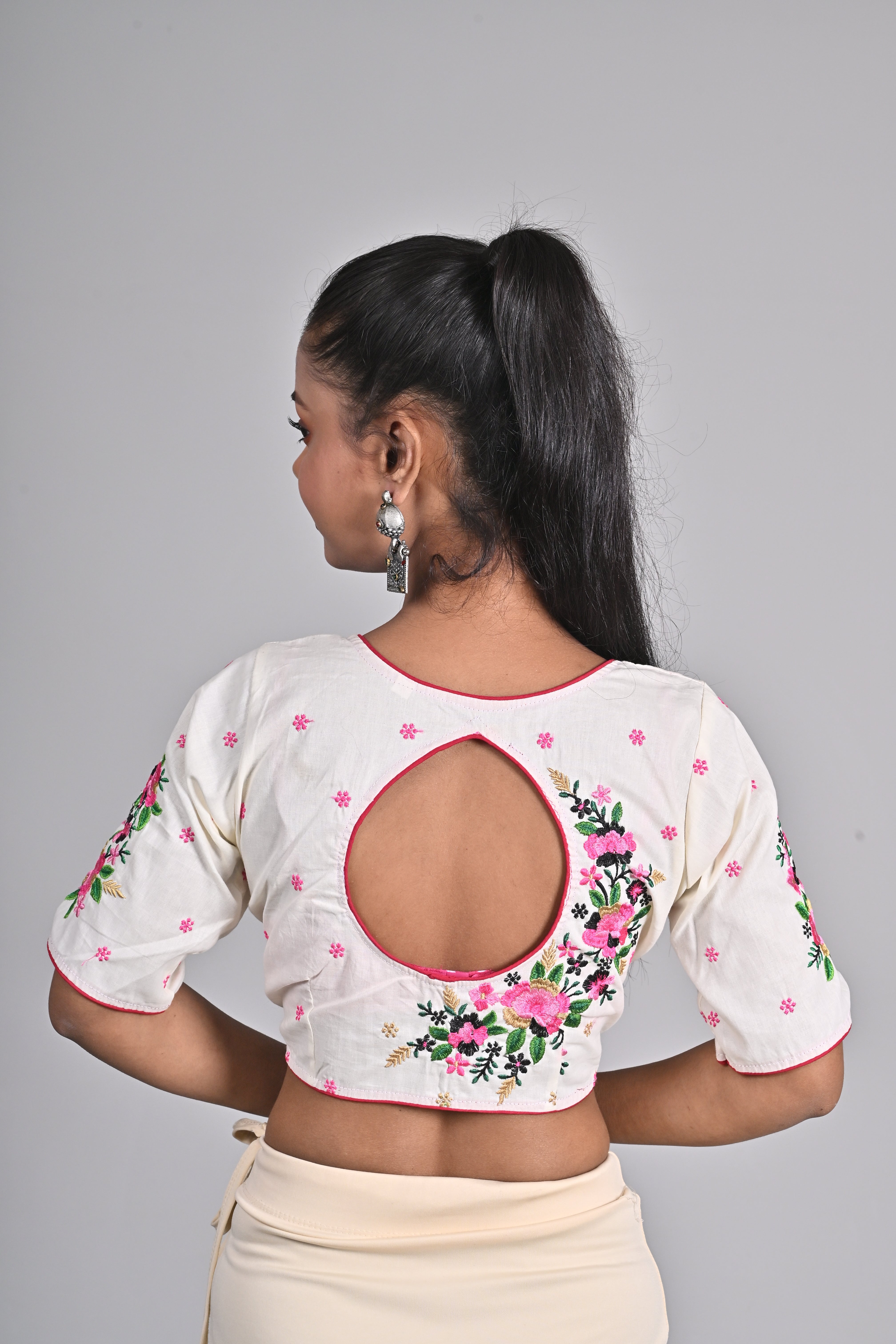 Latest Design White Cotton Embroidered Blouse for Women (Sizes 26-42) - Cool Half Sleeve, Round Neck, Floral Design, Non-Padded